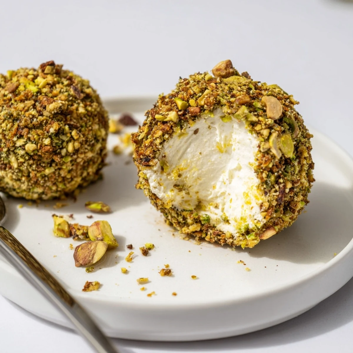 Hand-rolled Savory Pistachio Crusted Cheese Bites nestled beside wine and fresh vegetables