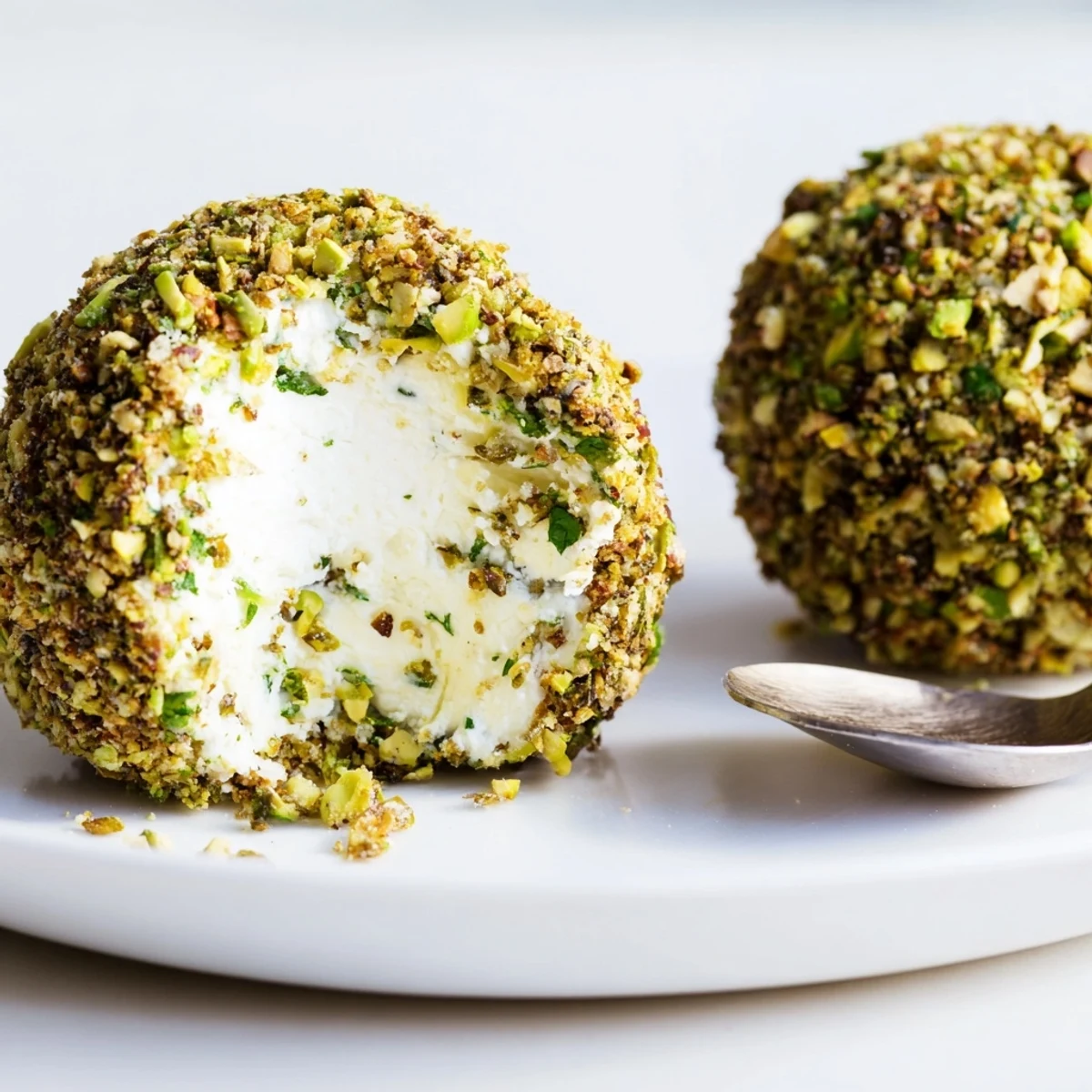 Bright lemon-zested Savory Pistachio Crusted Cheese Bites served with crostini  
