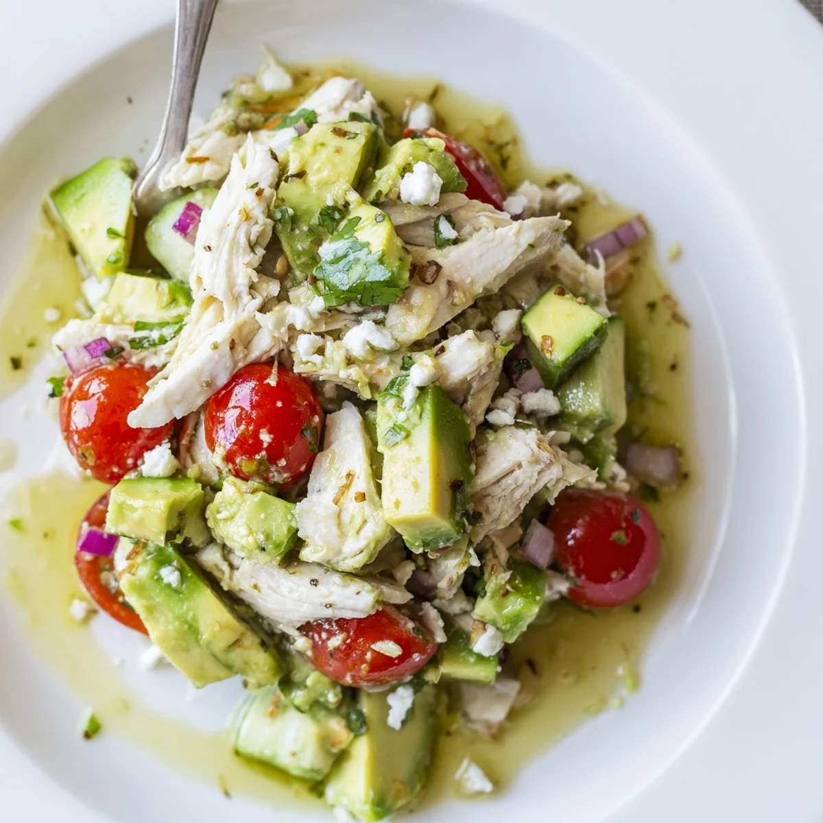 Chilled Avocado Chicken Salad tossed with shredded chicken, crisp cucumbers, cilantro