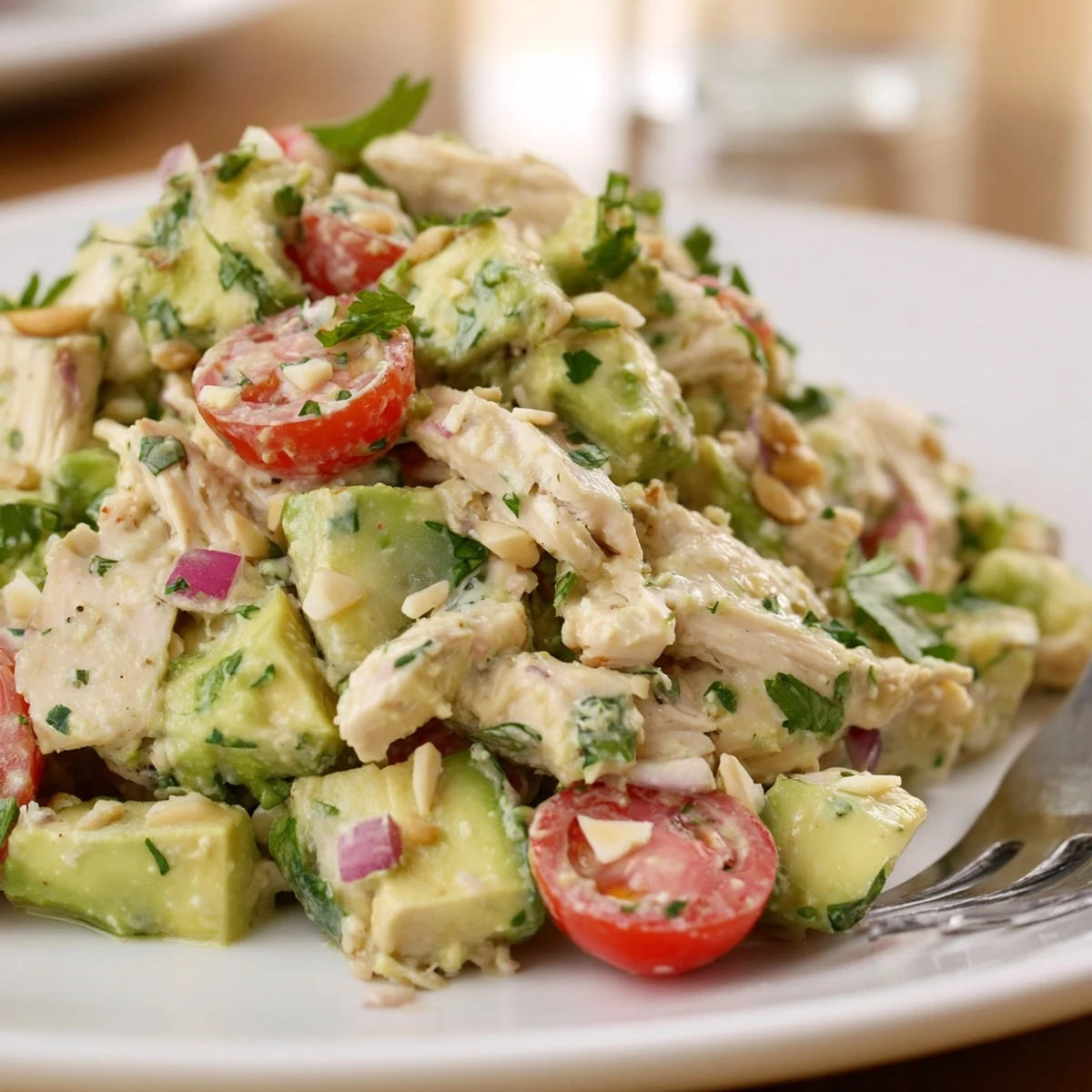 Bright Avocado Chicken Salad served in lettuce wraps, sprinkled with crumbled feta