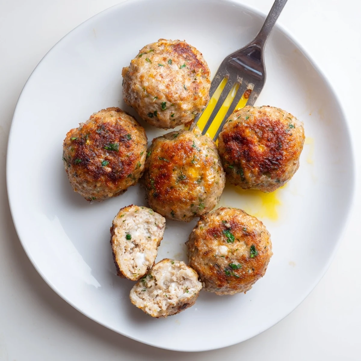 Juicy Chicken Meatballs glistening with herb flecks, skillet-seared and steaming hot