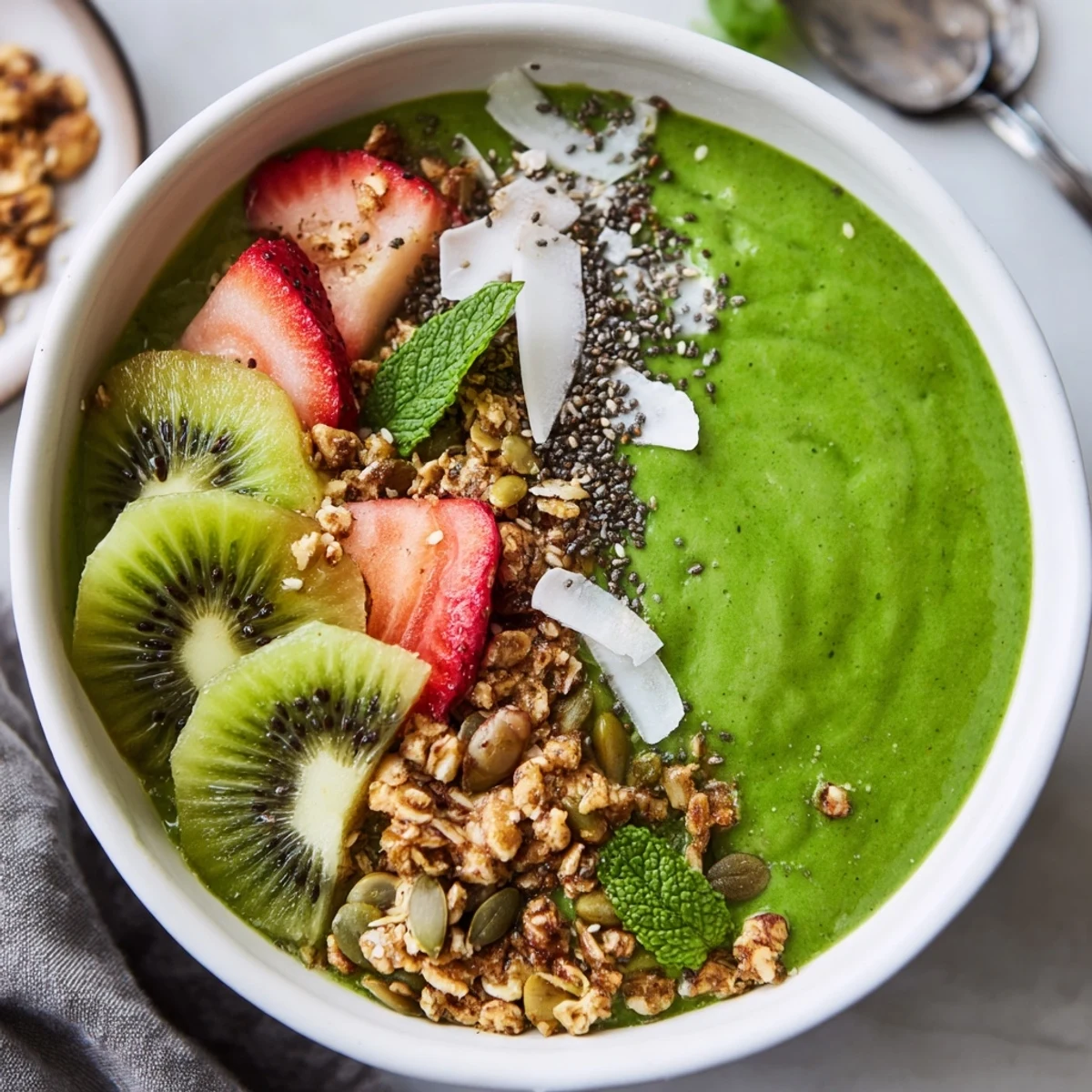 Green Smoothie Bowls topped with kiwi, strawberries, granola; bright, creamy breakfast.