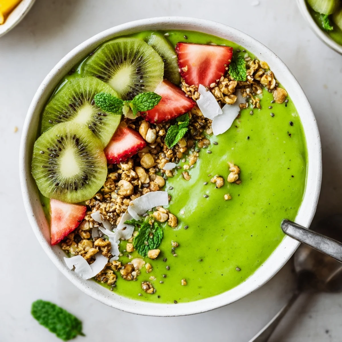 Two Green Smoothie Bowls swirled thick, mango and banana sweetness, spoon-ready.