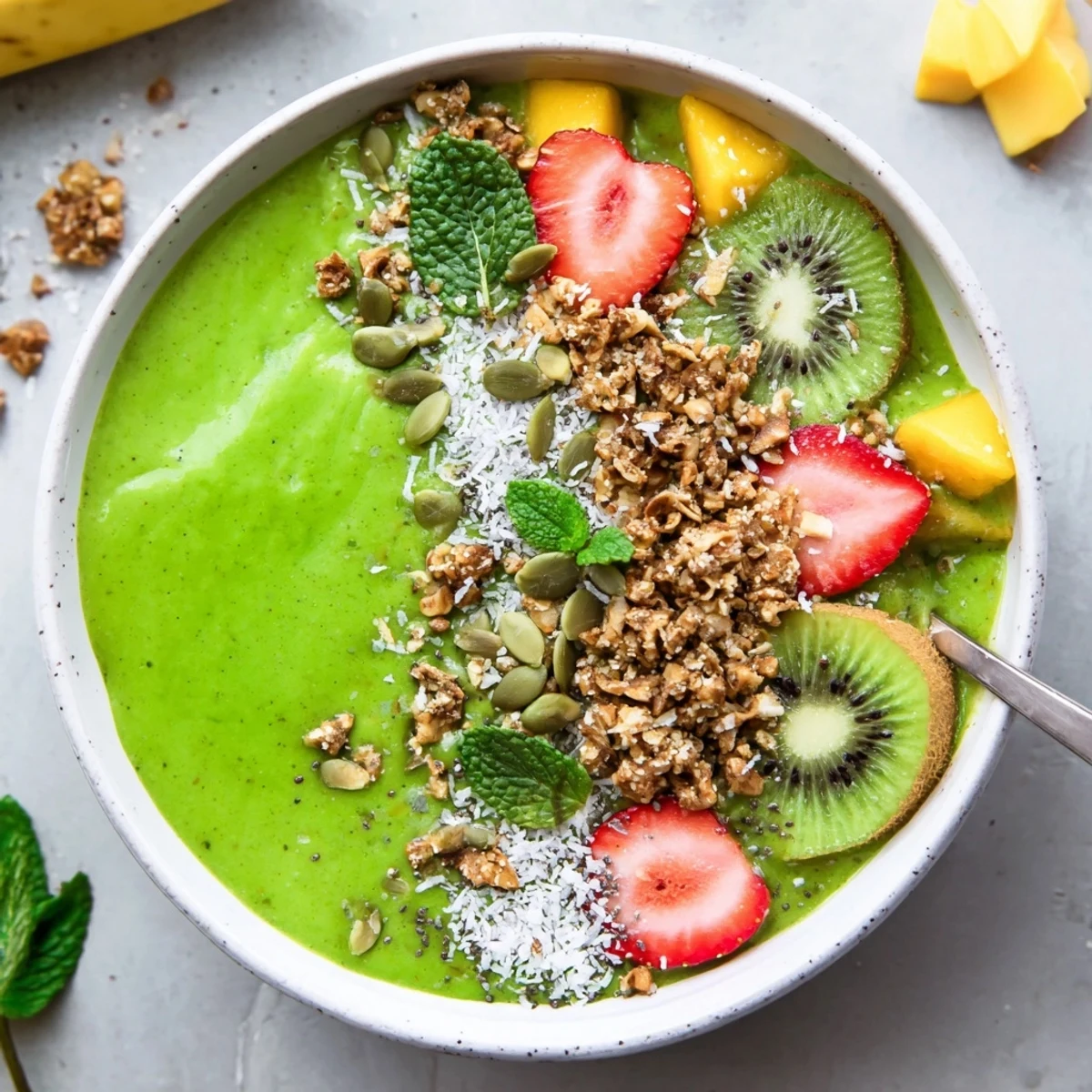 Vibrant Green Smoothie Bowls garnished with coconut flakes, pumpkin seeds, fresh mint.