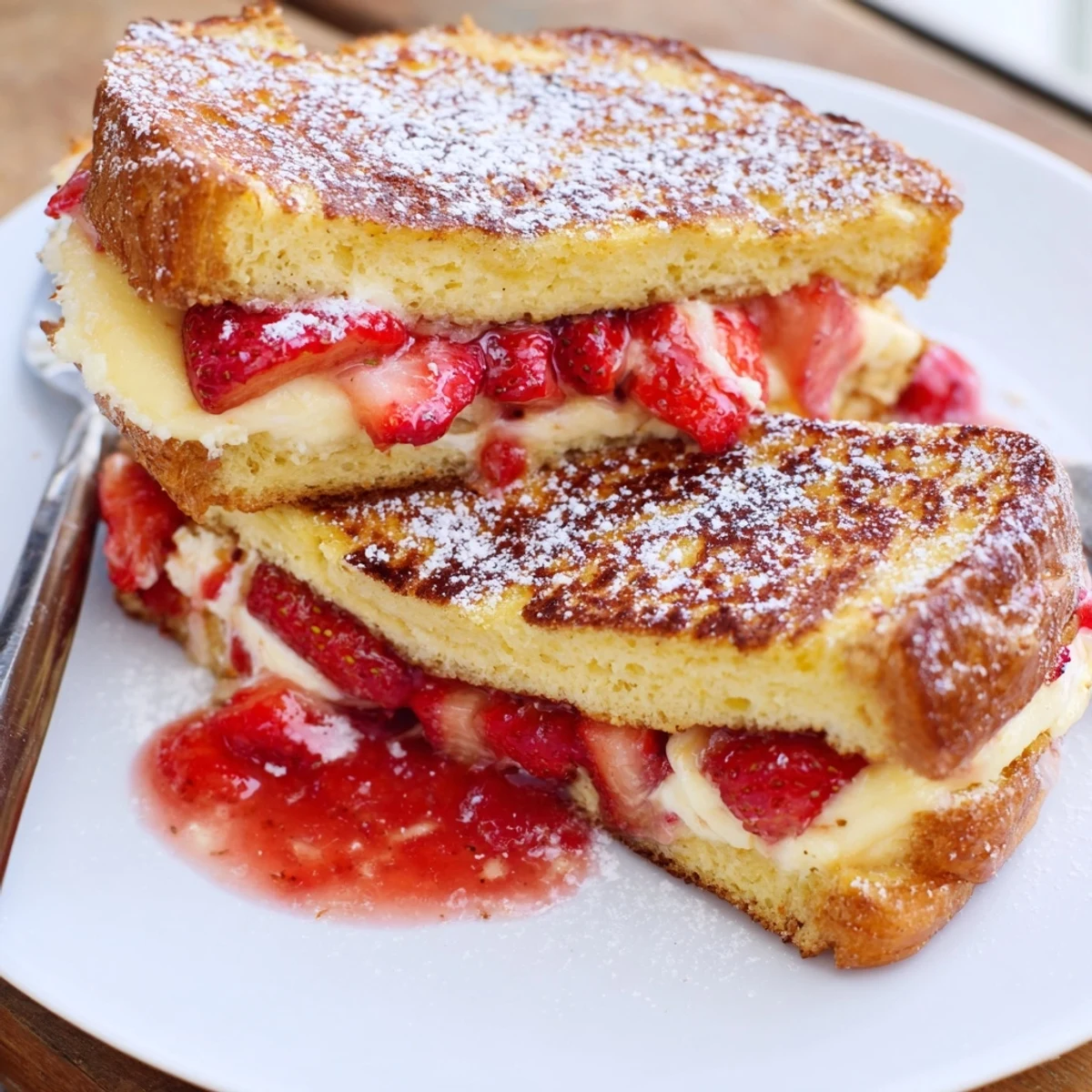 Cream Cheese Stuffed French Toast With Strawberry Drizzle stacked, warm, buttery, syrupy, berry gloss