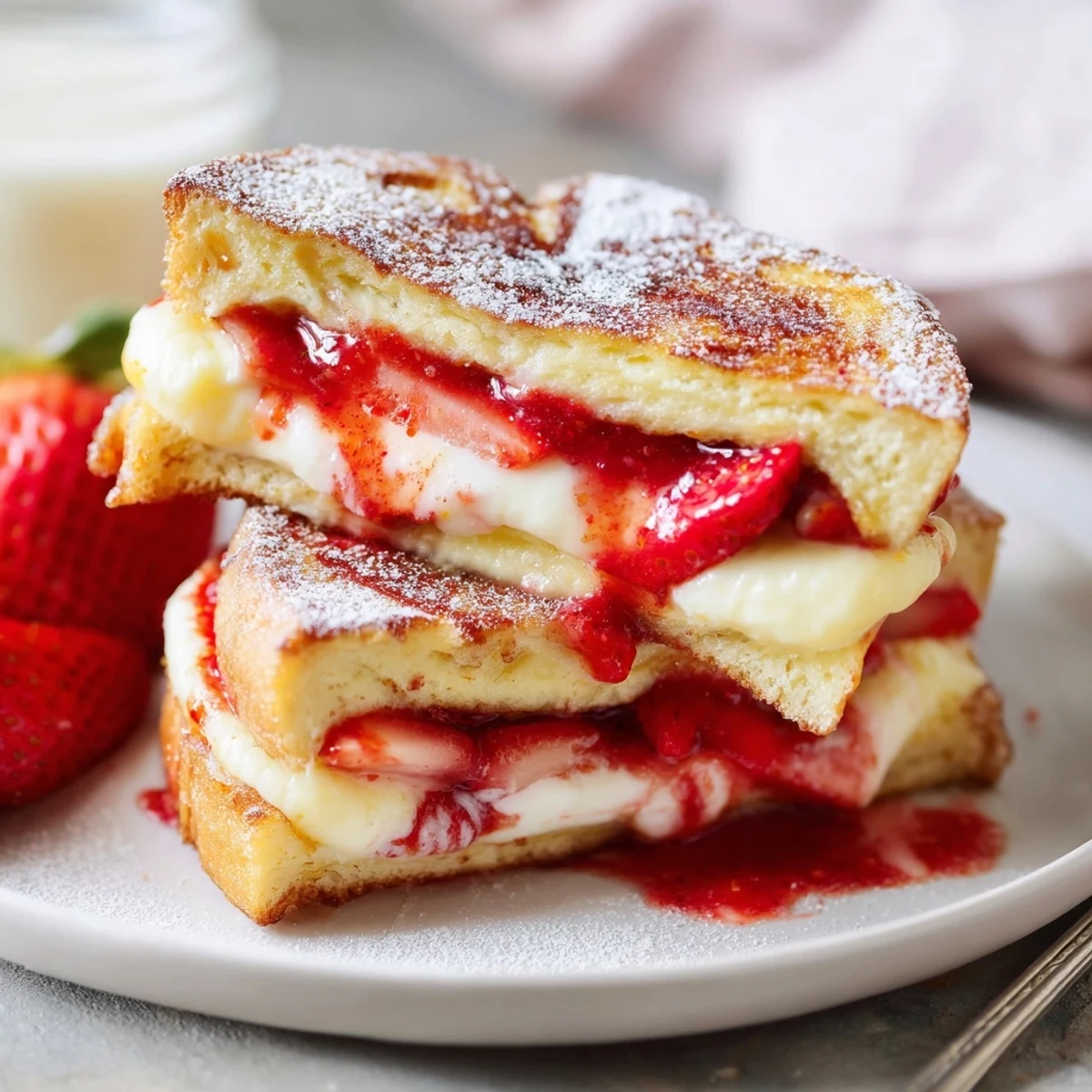 Cream Cheese Stuffed French Toast With Strawberry Drizzle, sliced and dusted with powdered sugar