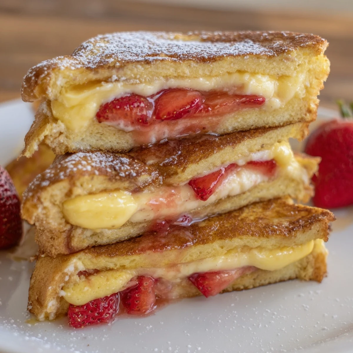 Warm Cream Cheese Stuffed French Toast With Strawberry Drizzle topped with fresh macerated strawberries