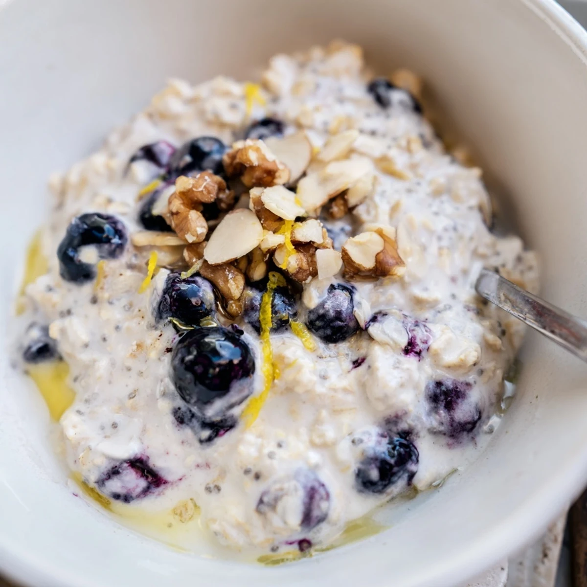 Chilled Blueberry Lemon Overnight Oats in a jar, bright citrus and juicy berries