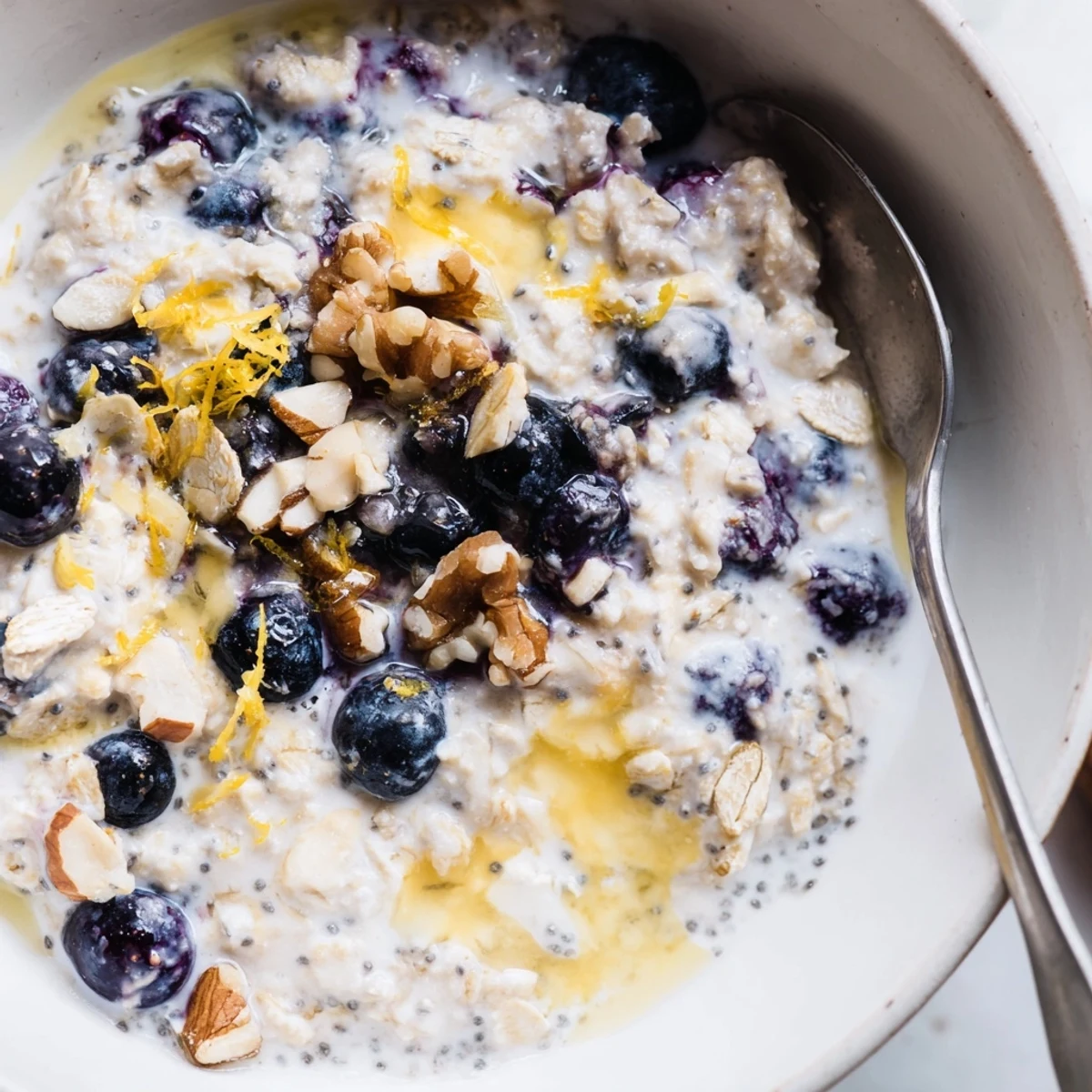 Spoon-ready Blueberry Lemon Overnight Oats with creamy yogurt, chia seeds, crunchy nuts