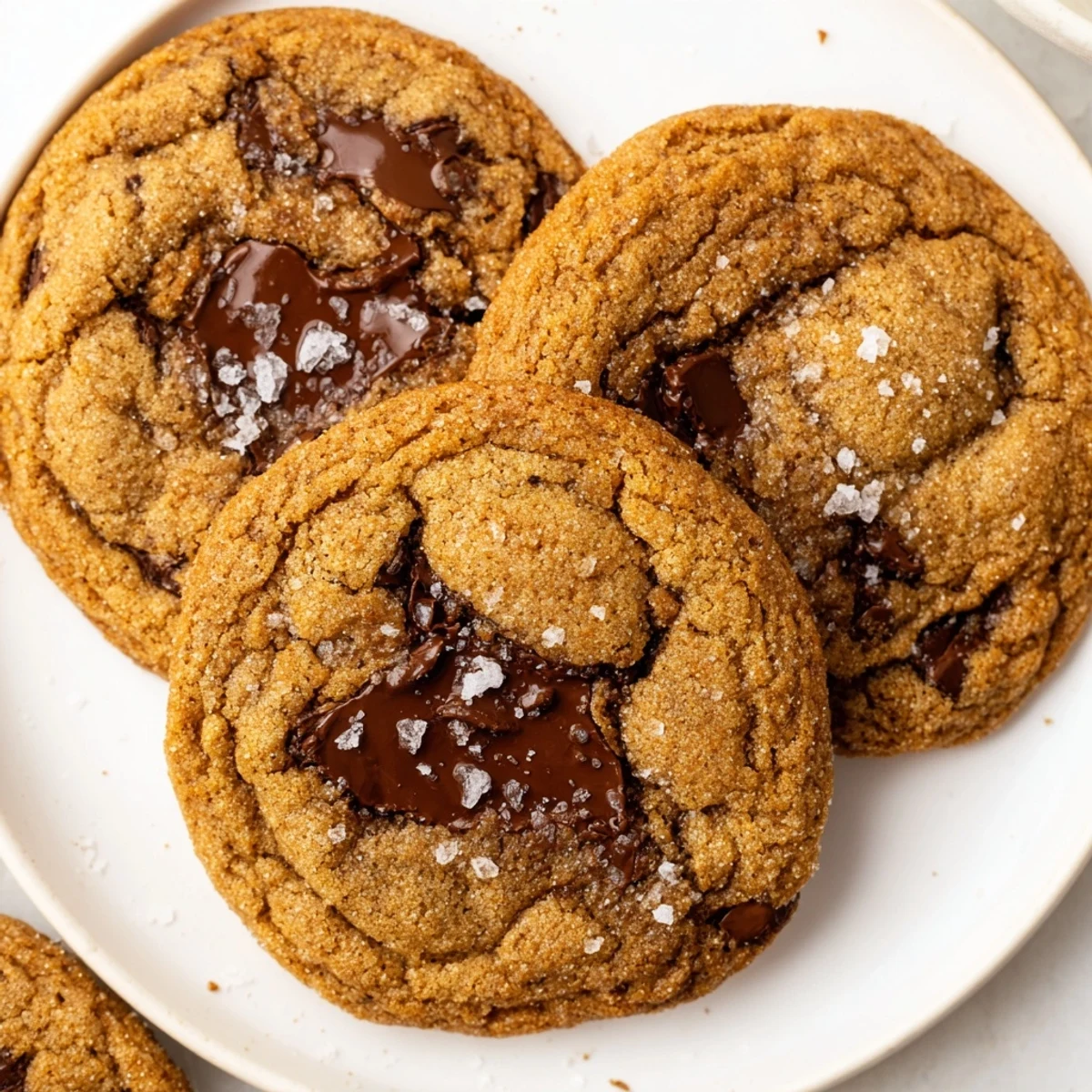 Brown Butter Chocolate Chip Cookies glistening with melted chips and flaky sea salt