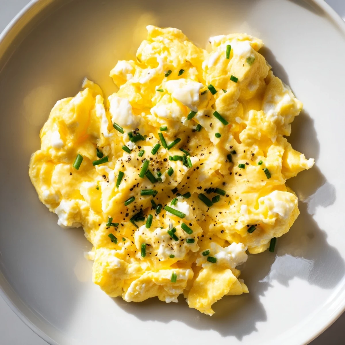 Butter-glossed Cottage Cheese Scrambled Eggs with Chives, soft curds and bright herbs