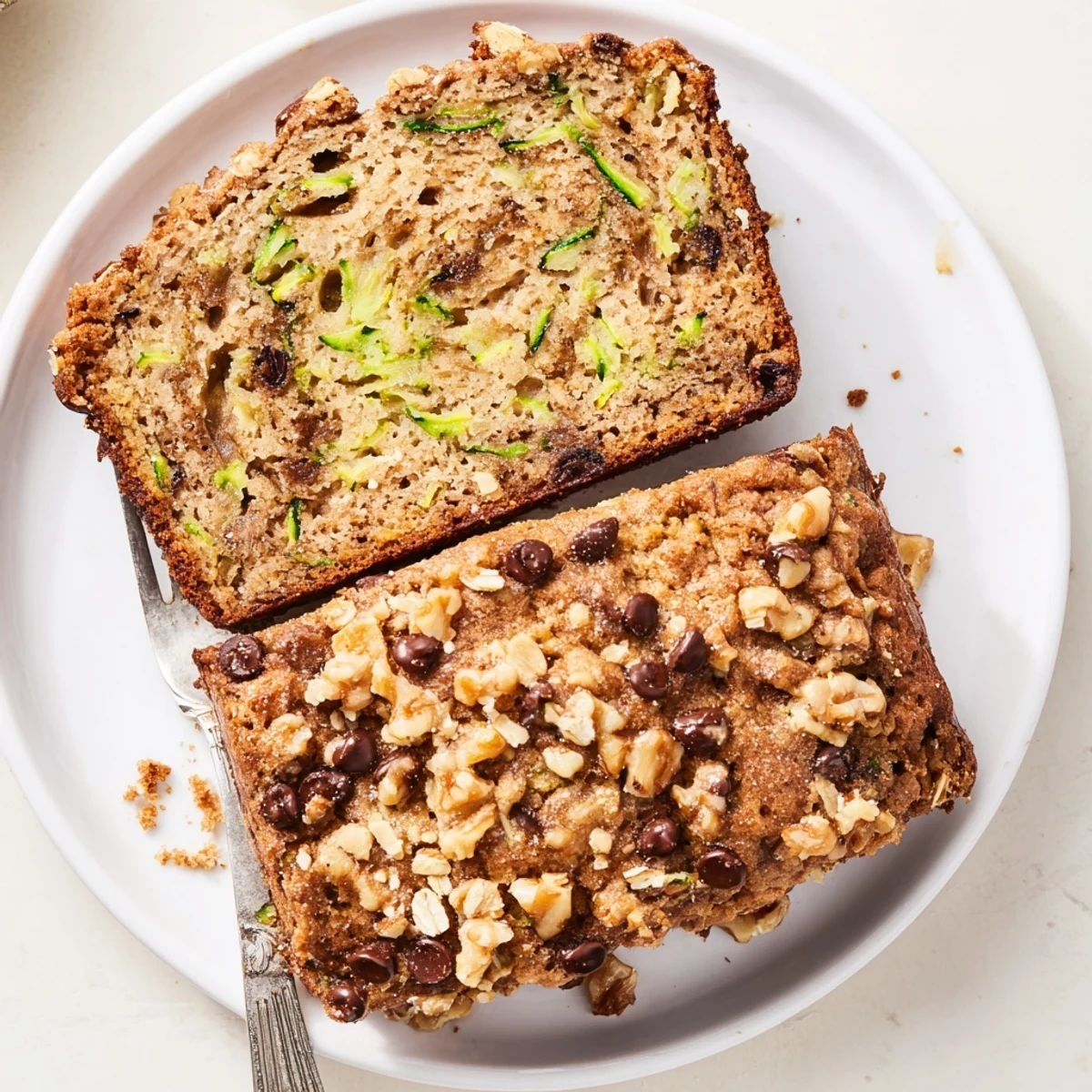 Fresh-baked Zucchini Banana Bread with walnut crunch, served beside steaming coffee