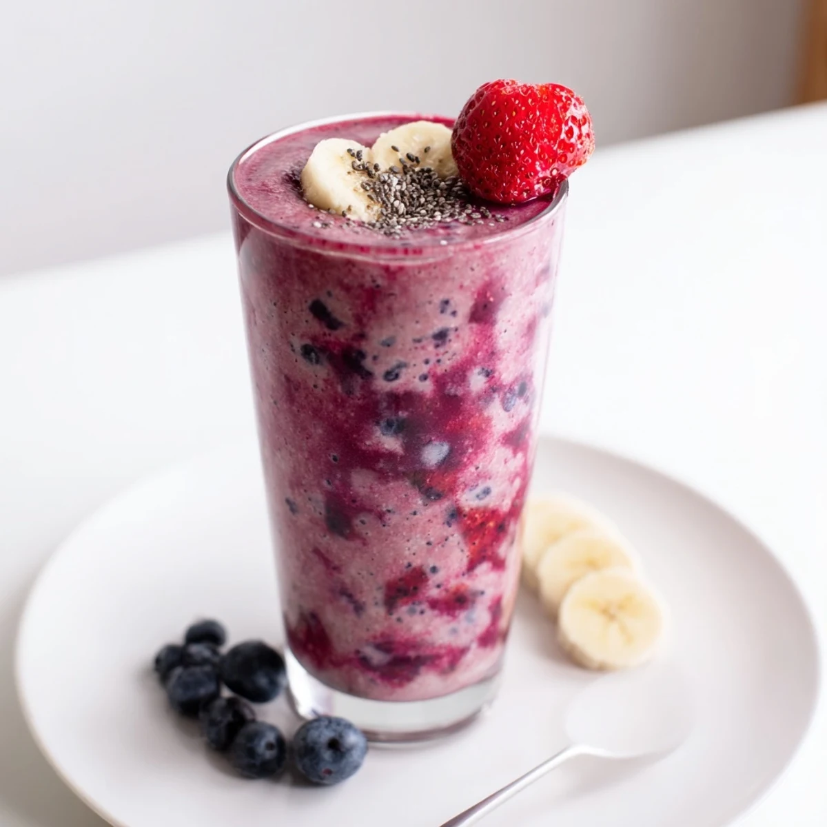 A refreshing Summer Berry Smoothie with banana and almond milk, ready to sip