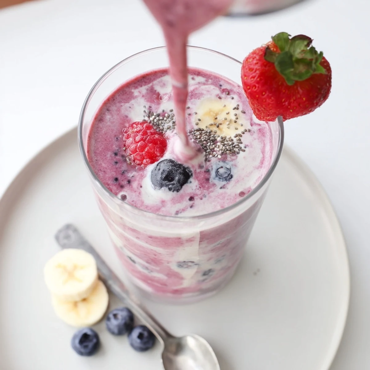 Creamy Summer Berry Smoothie in tall glass, bright berries and chilled condensation