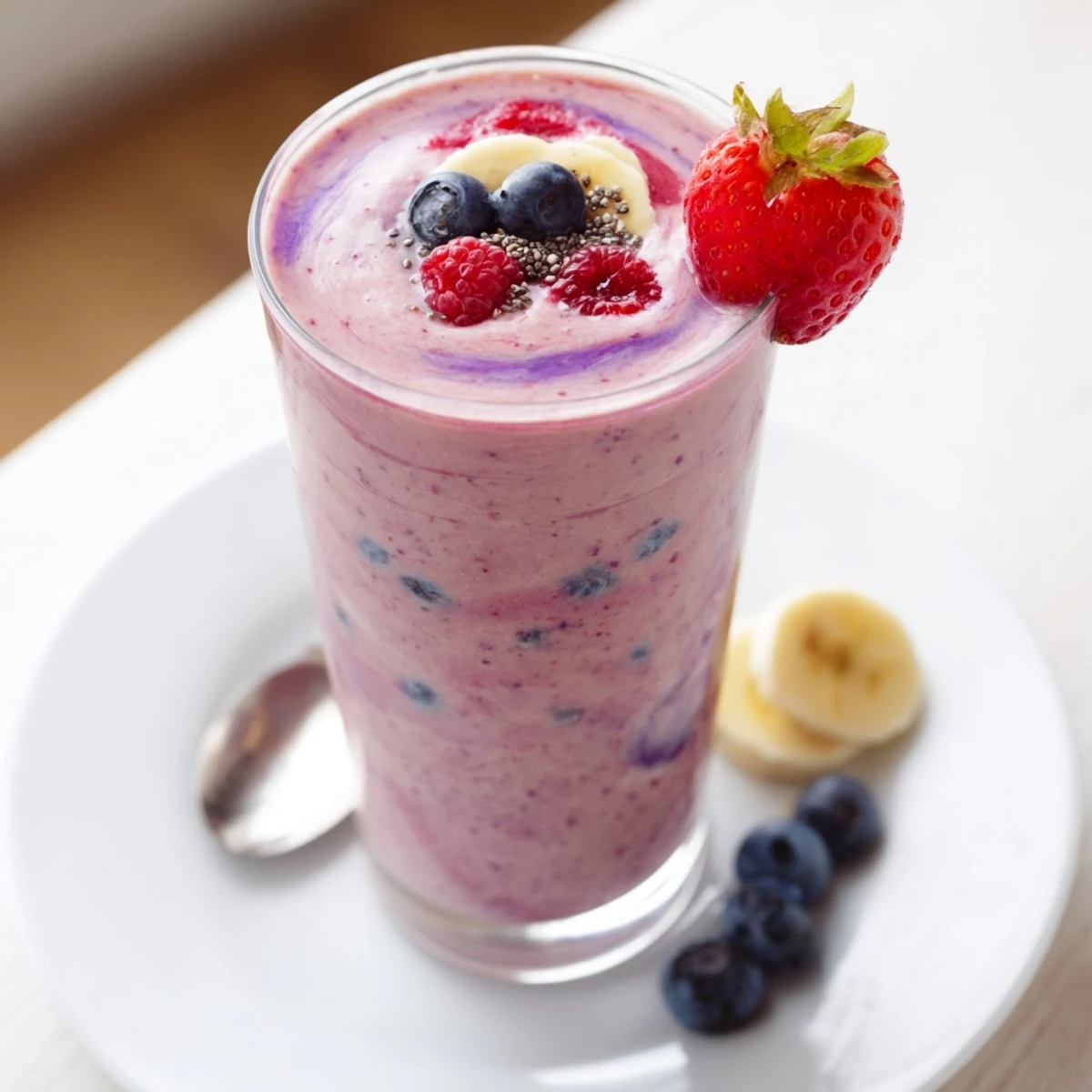 Bright Summer Berry Smoothie topped with fresh berries and crunchy granola