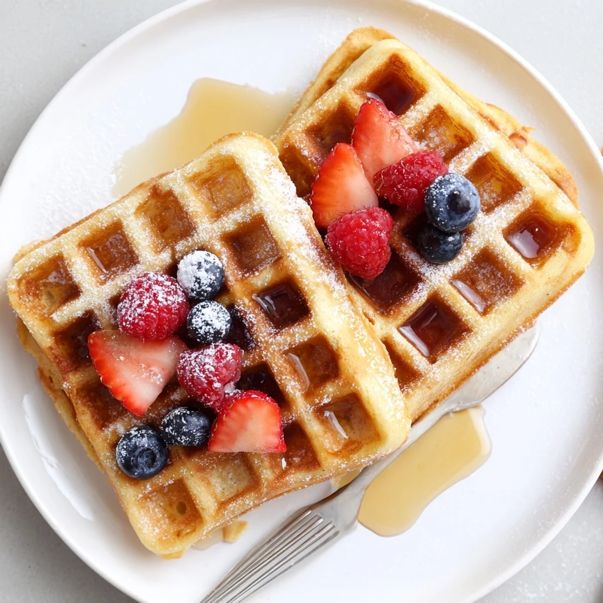 Almond Flour Waffles With Berries topped with warm maple syrup and powdered sugar