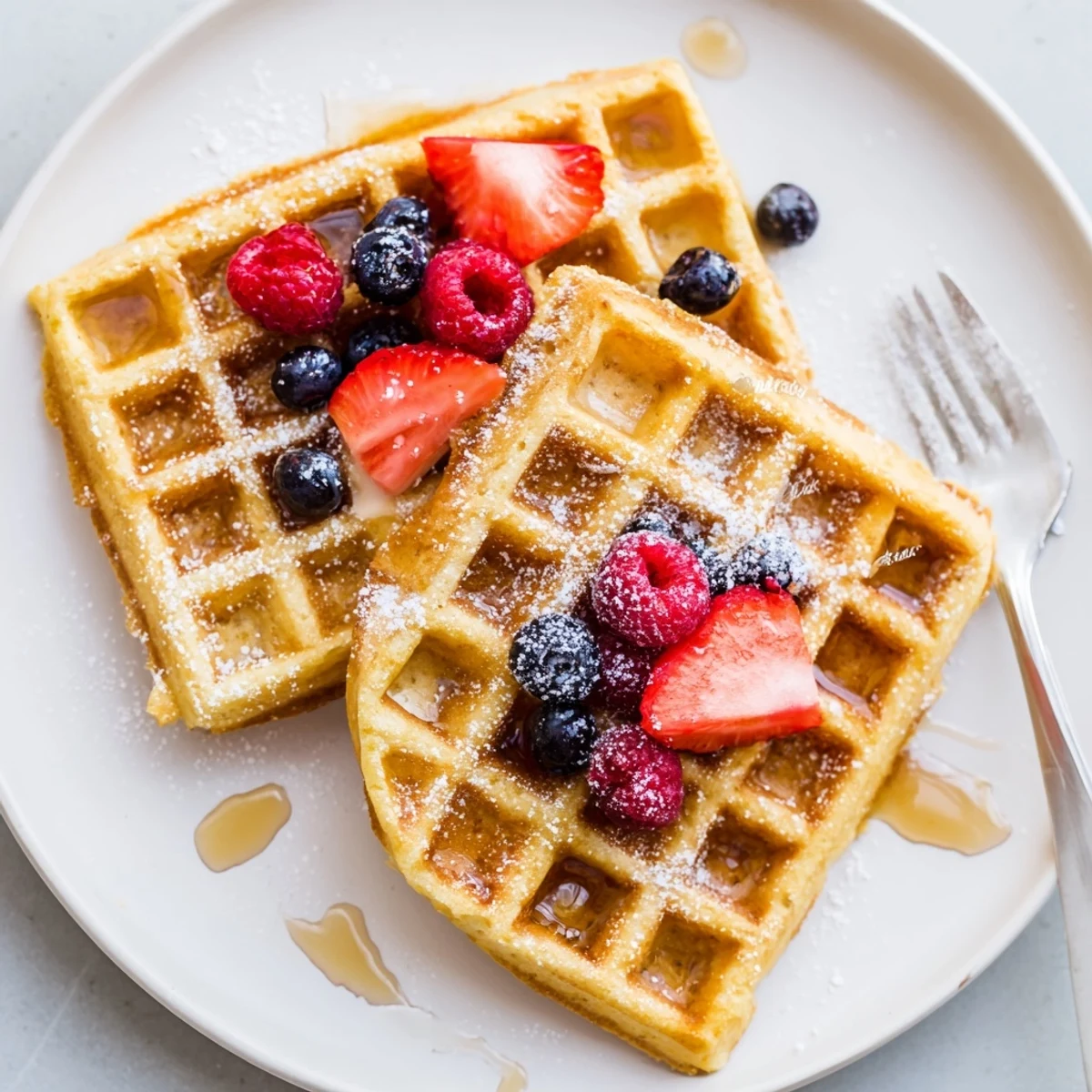 Stack of Almond Flour Waffles With Berries, fluffy interiors and vibrant fruit