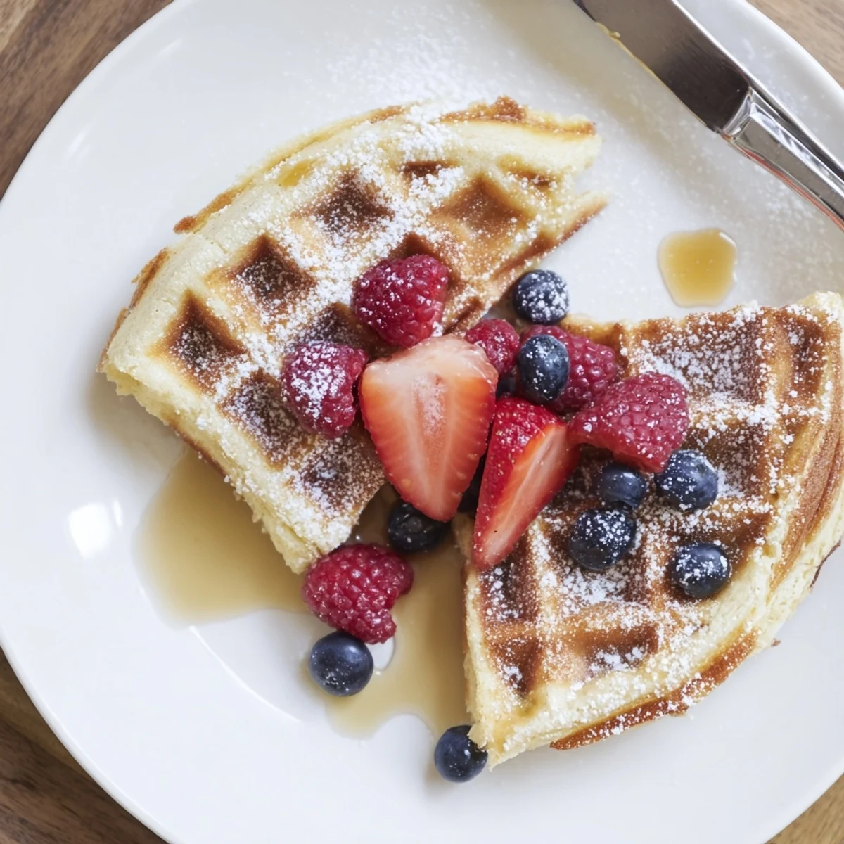 Freshly made Almond Flour Waffles With Berries on a plate, steaming and ready