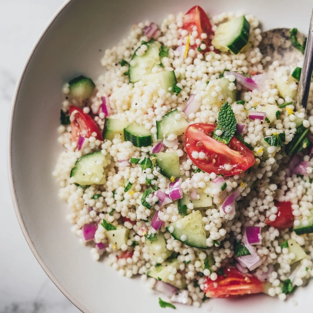 Bright, zesty Cucumber Lemon Couscous Salad with fluffy grains and crisp cucumber