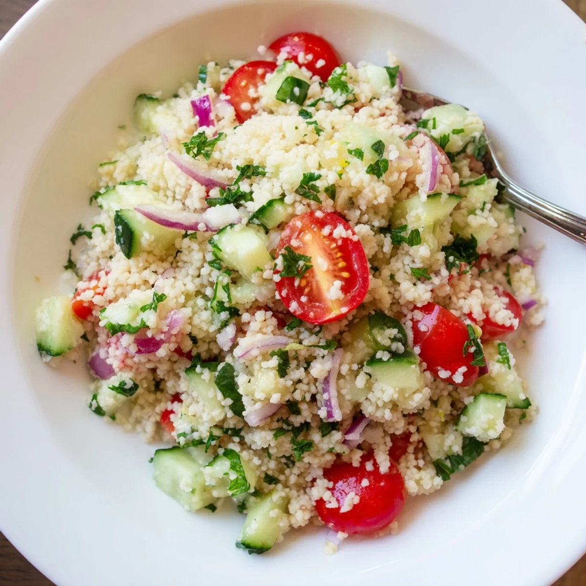 Cucumber Lemon Couscous Salad chilled in bowl, tossed with fresh mint