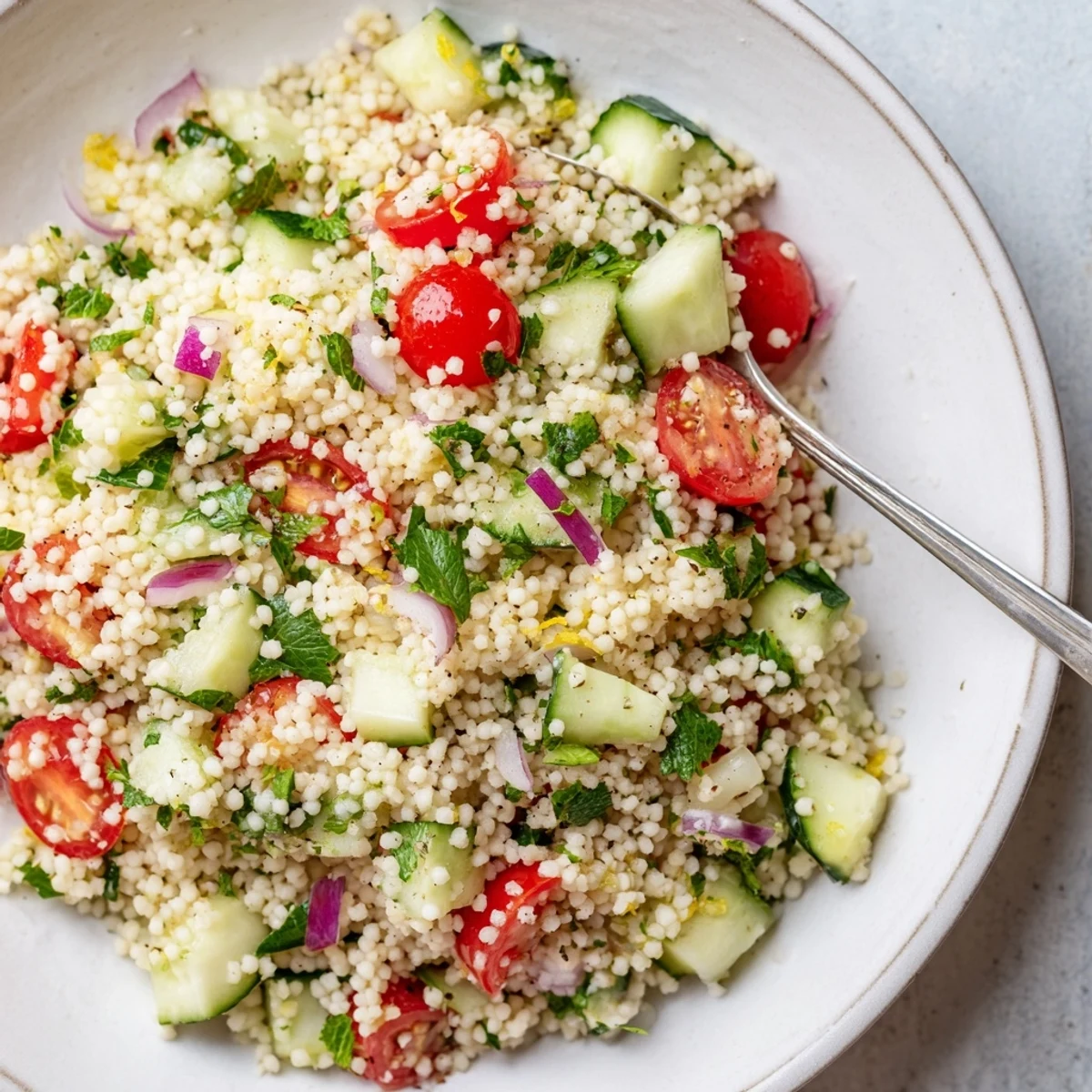 Serve Cucumber Lemon Couscous Salad at room temperature, garnished with parsley