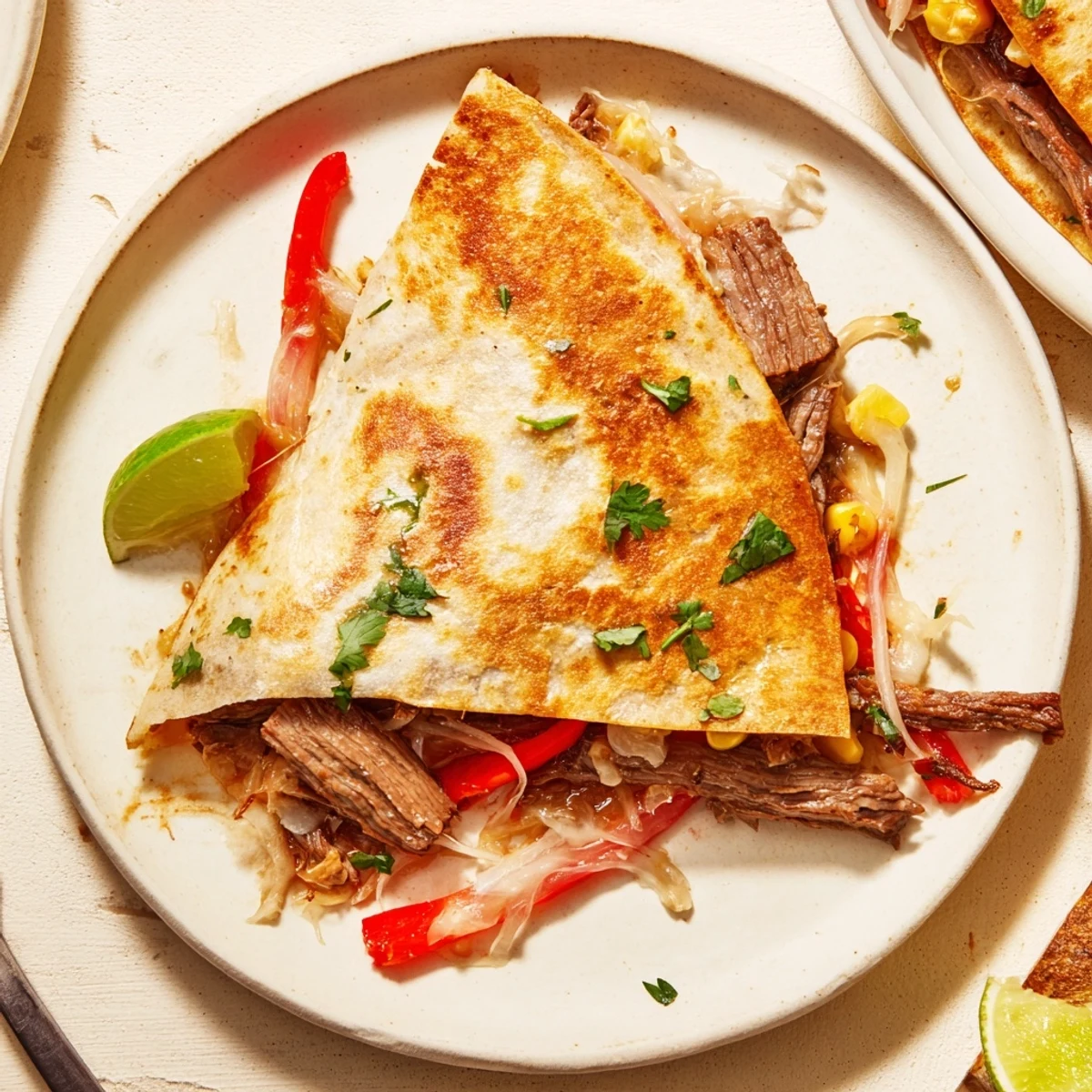 Plate of Sweet Savory Beef Quesadillas Recipe, crisp tortillas and lime.