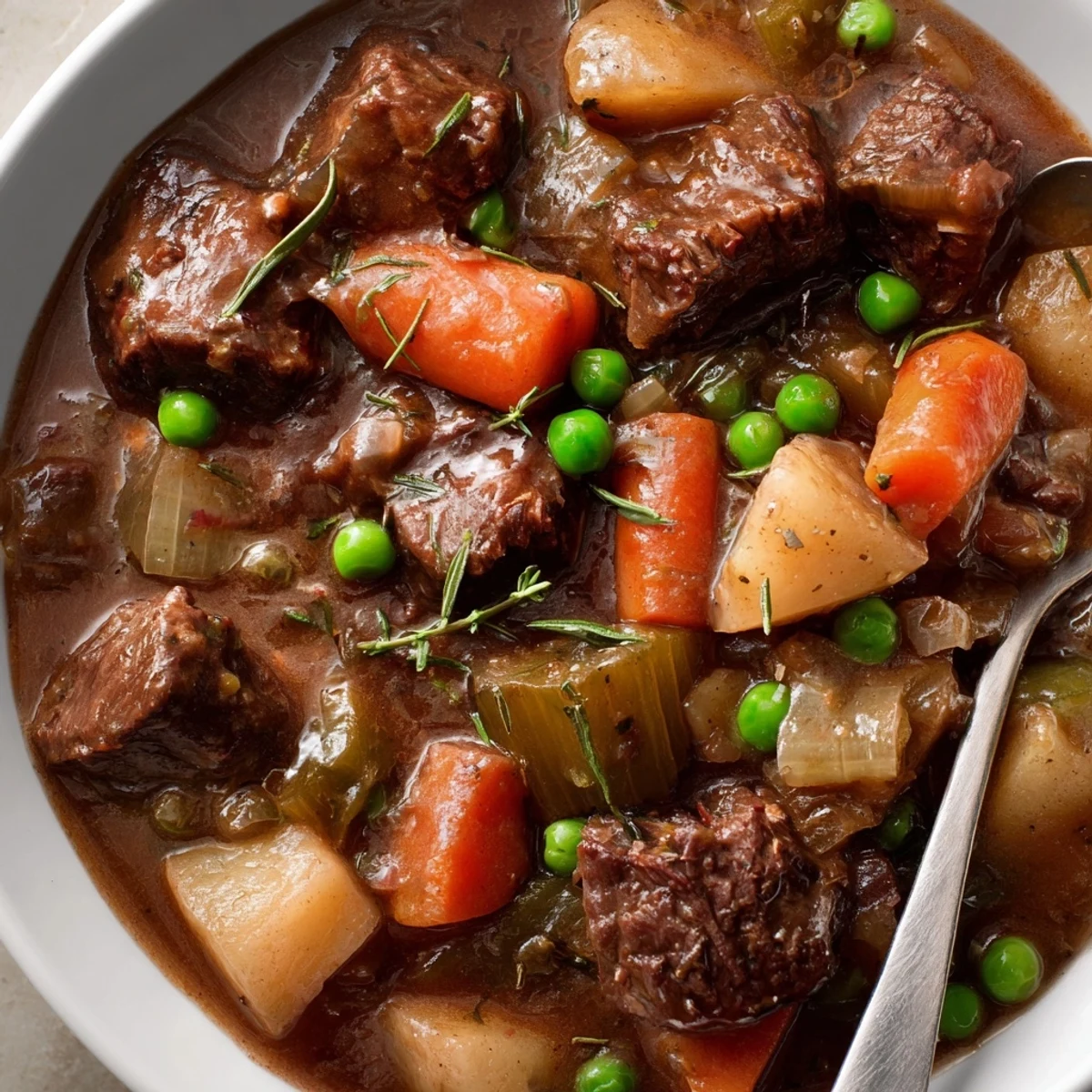Hearty Beef Stew steaming in a Dutch oven, tender chunks of beef  