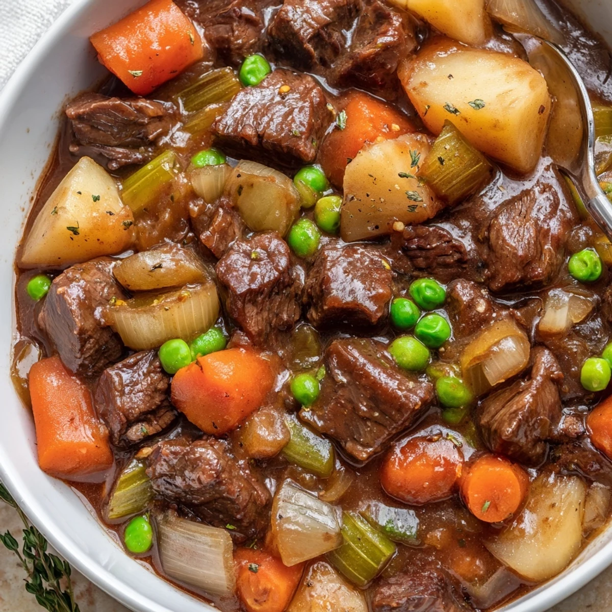 Savory Beef Stew ladled over buttered egg noodles, aromatic broth glistening  