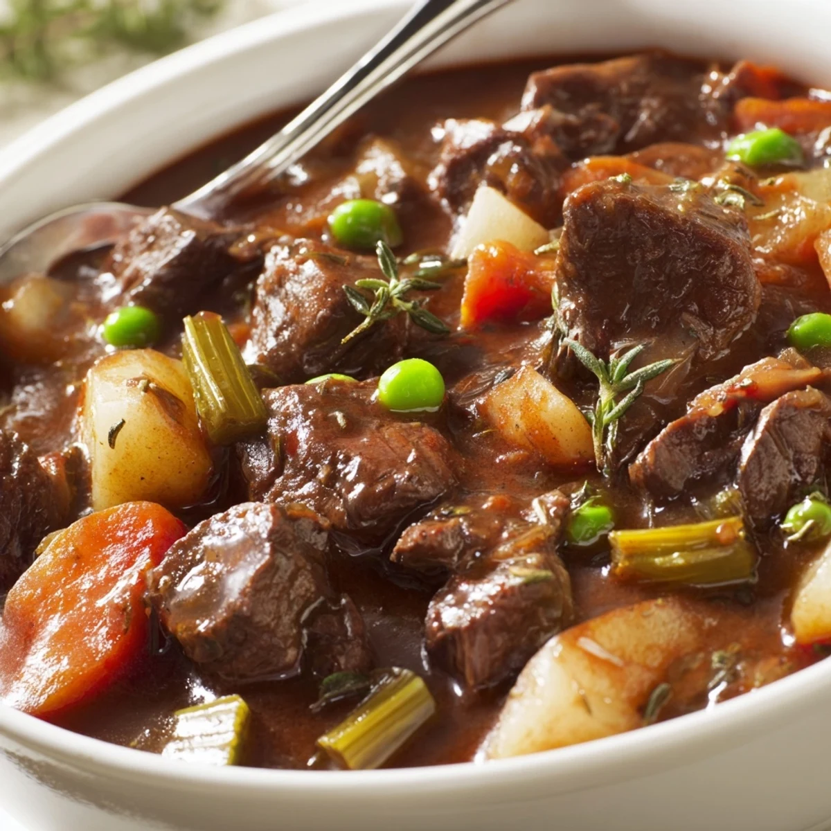 Rich Beef Stew with carrots and potatoes, thick glossy broth, ready to spoon