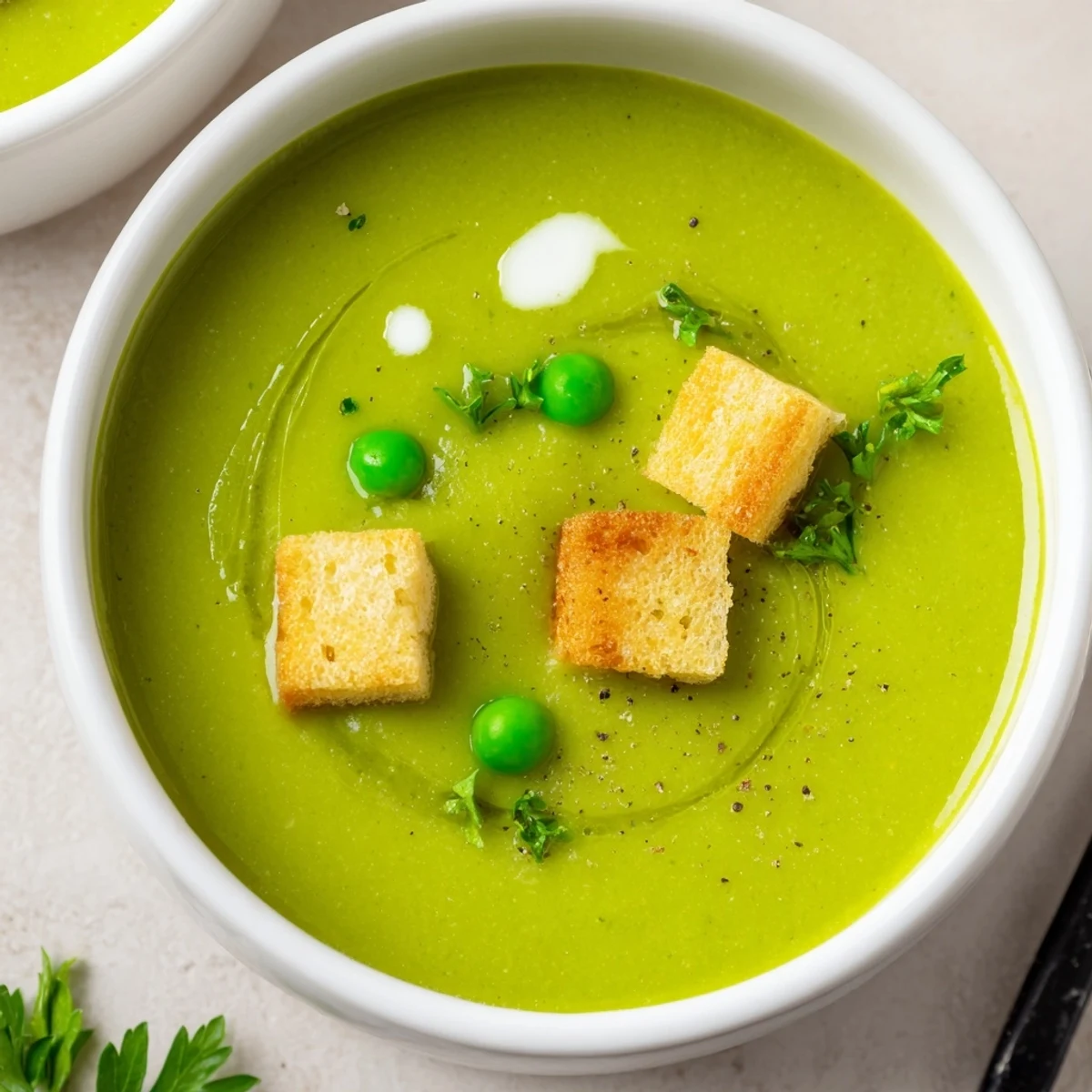 Bright green Pea Soup steaming in bowl, herb aroma and velvety texture