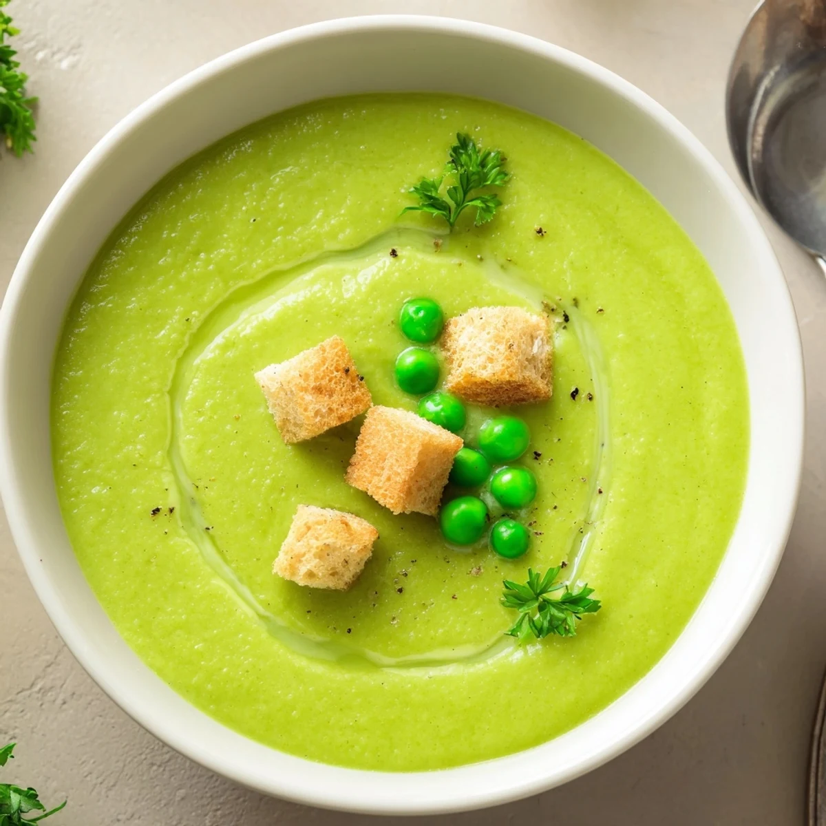 Creamy Pea Soup garnished with crème fraîche and parsley, served with crusty bread