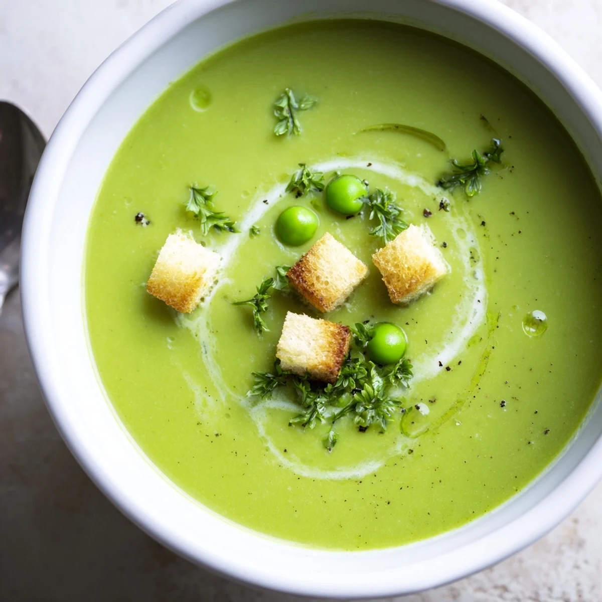 Homemade Pea Soup blended silky, carrot and celery pieces visible, spoon ready
