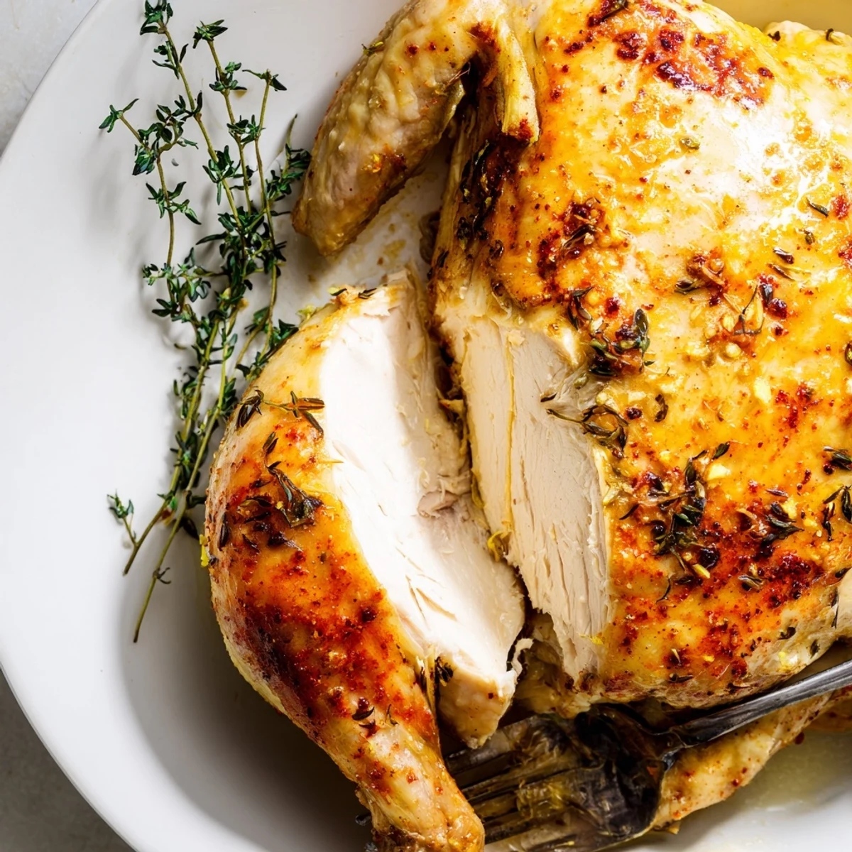 Sliced Buttermilk Roasted Chicken resting, juices pooling, garnished with fresh thyme