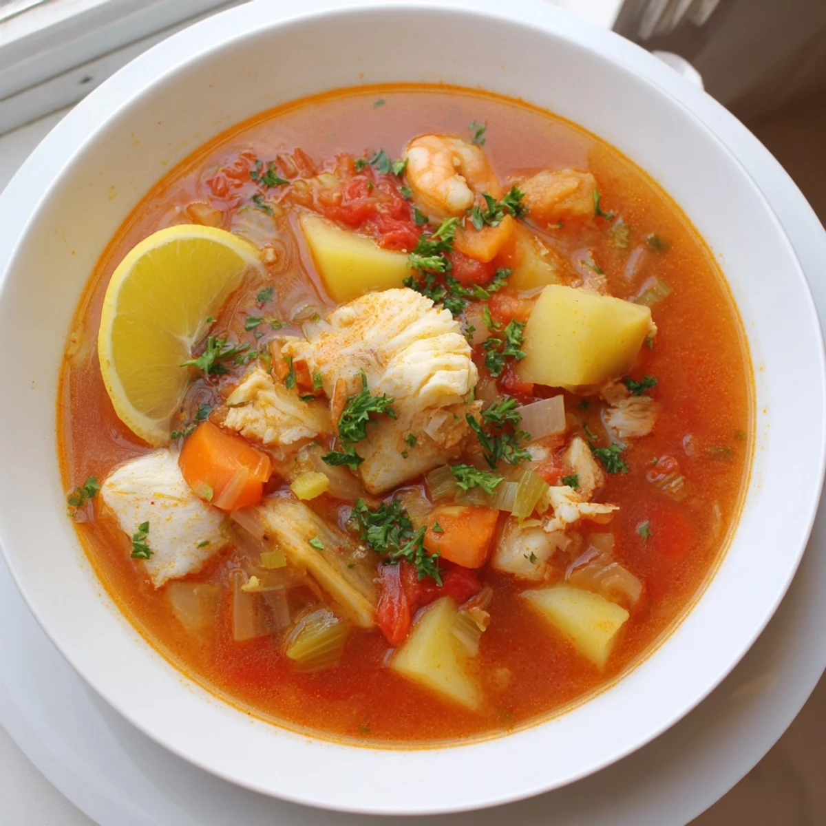 Fish Soup steaming in a bowl with flaky cod, parsley, lemon