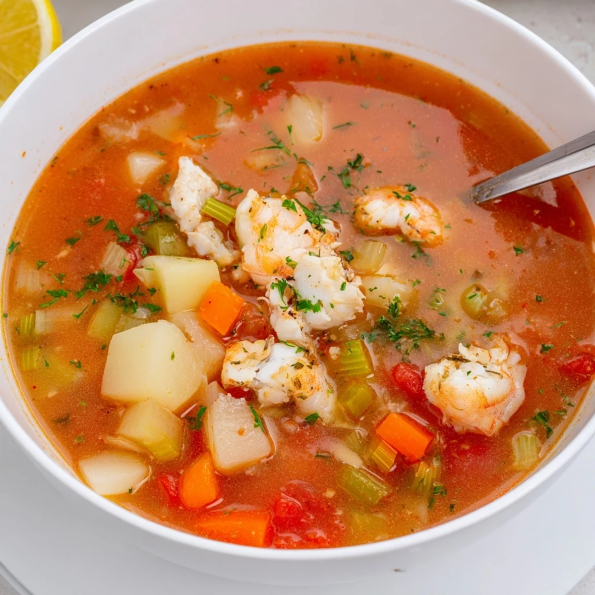Bowl of Fish Soup ladled with golden broth, vegetables, crusty bread