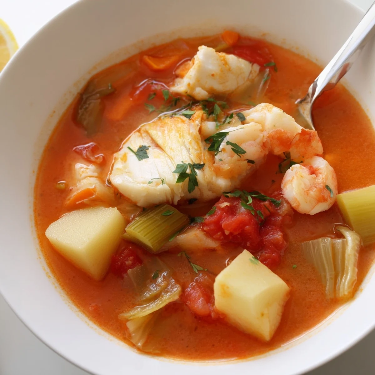 Homestyle Fish Soup simmering gently, garlic aroma, served with lemon wedges