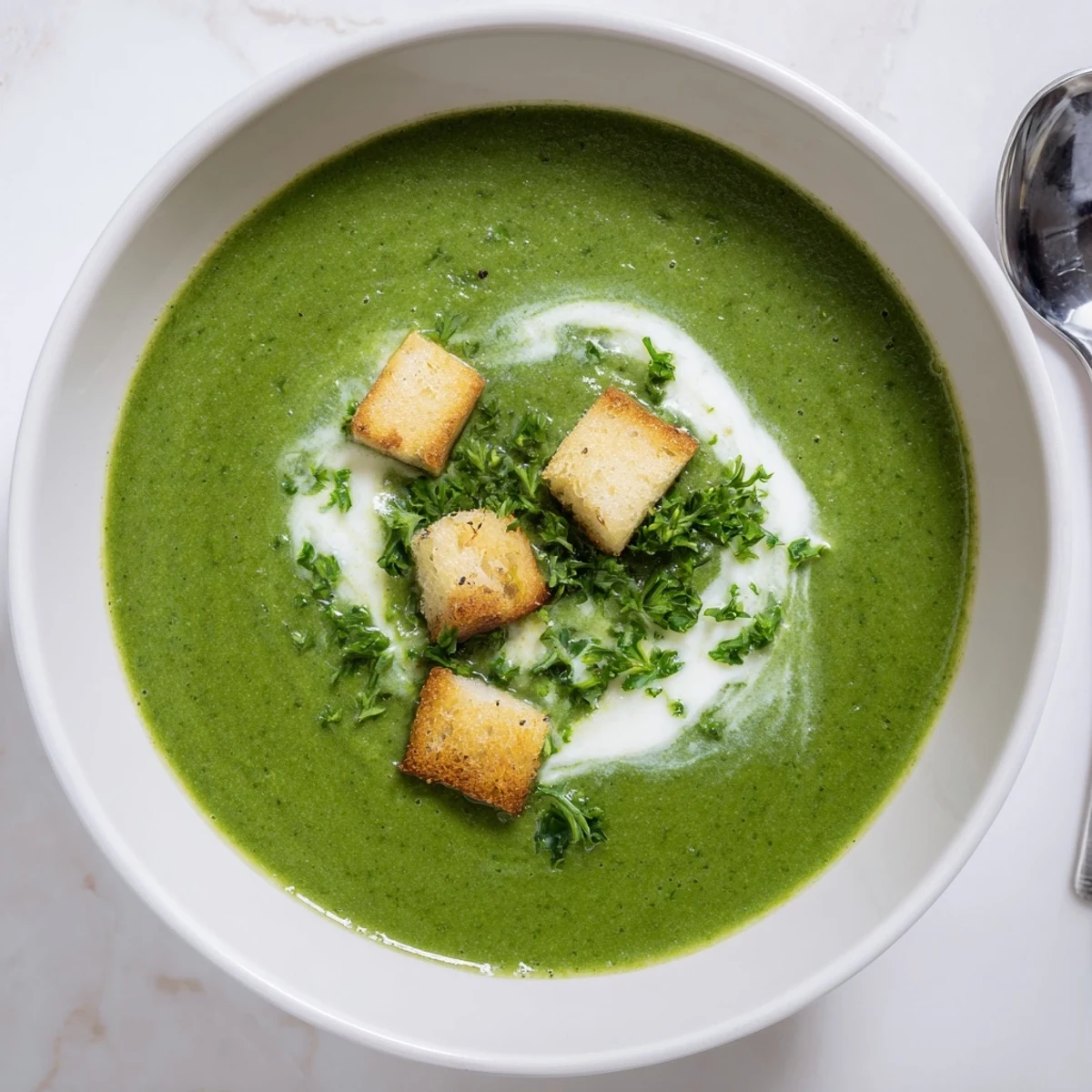 Creamy Spinach Soup steaming in a bowl, garnished with herb sprigs