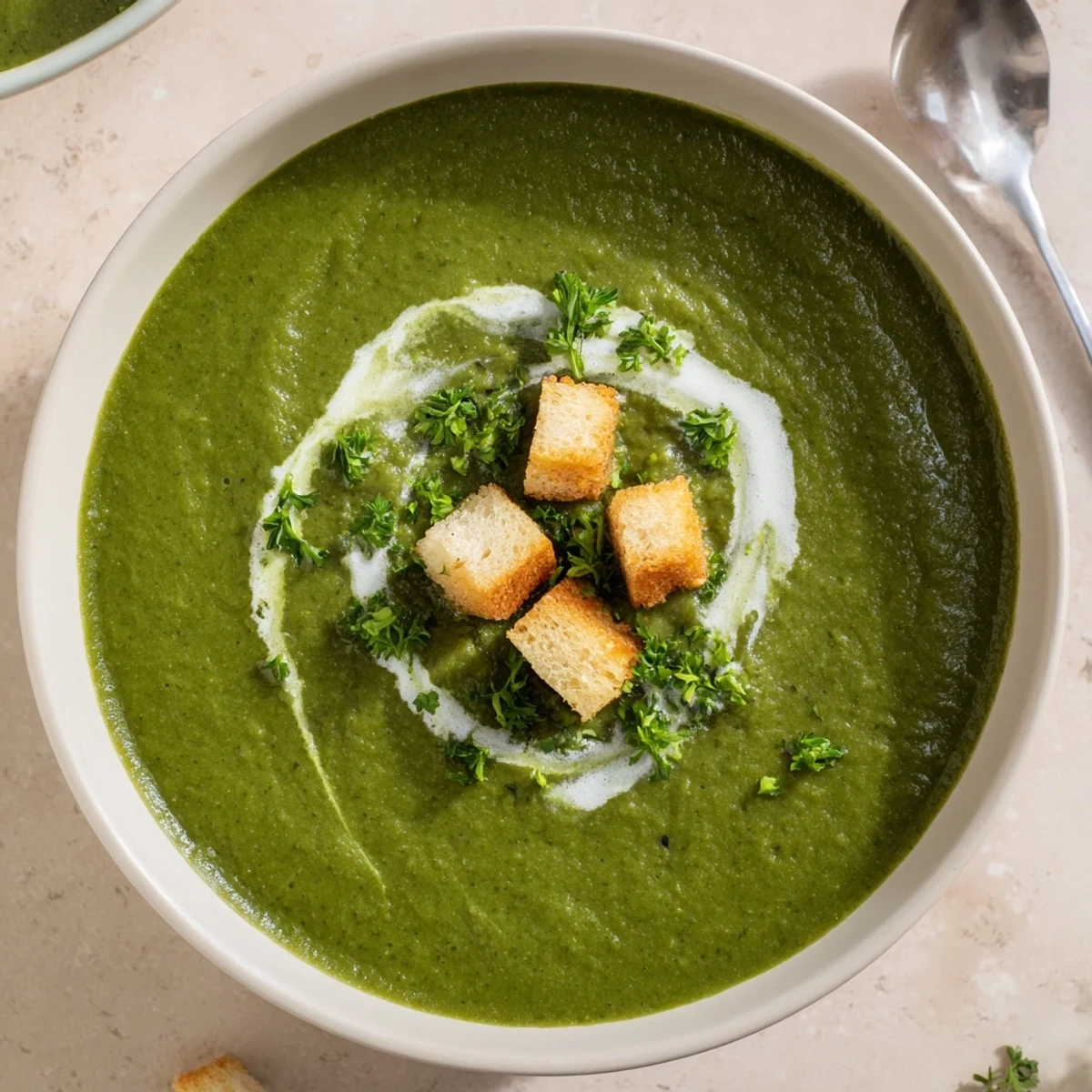 Bright green spinach soup, silky blended and served with toasted bread