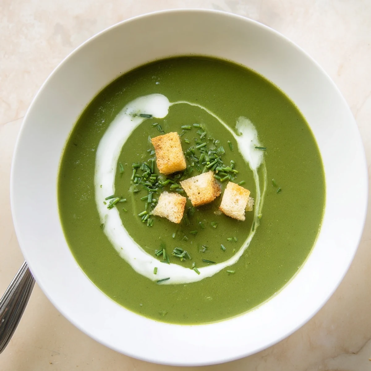 Homestyle Spinach Soup ladled into bowl, topped with cream and croutons