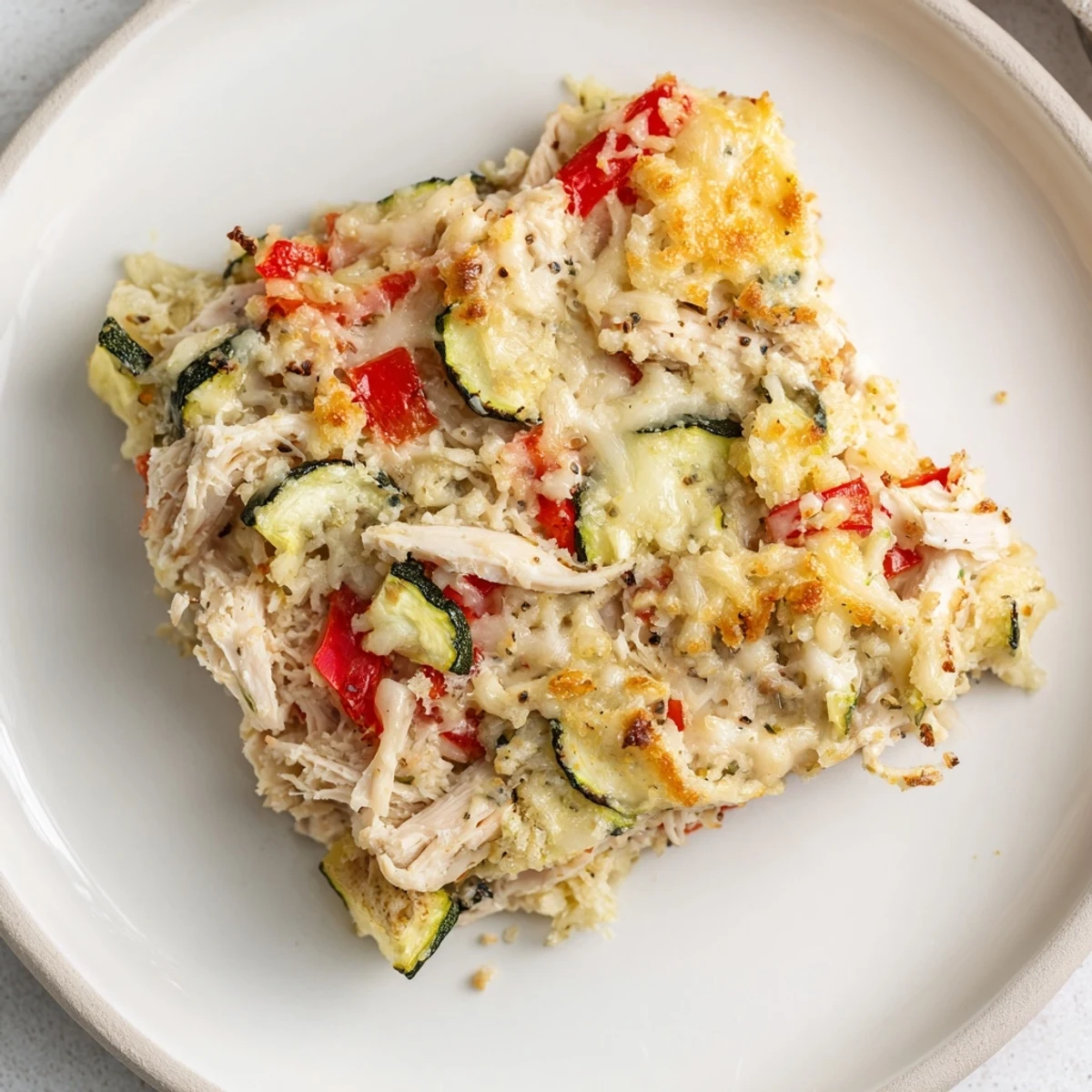 Family Friendly Chicken Zucchini Bake fresh from oven, golden cheese and bubbly