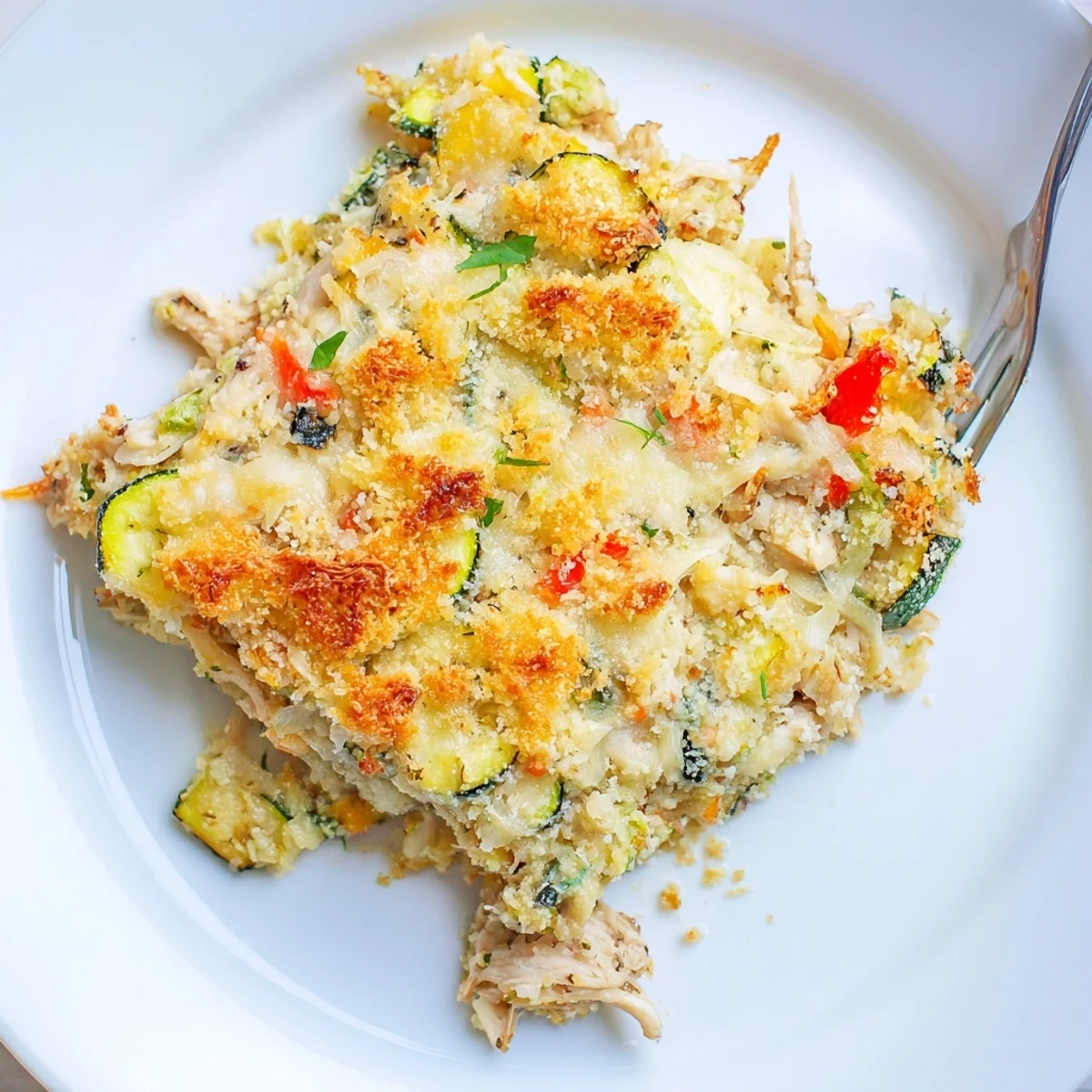 Sliced zucchini peeking through Family Friendly Chicken Zucchini Bake, served warm