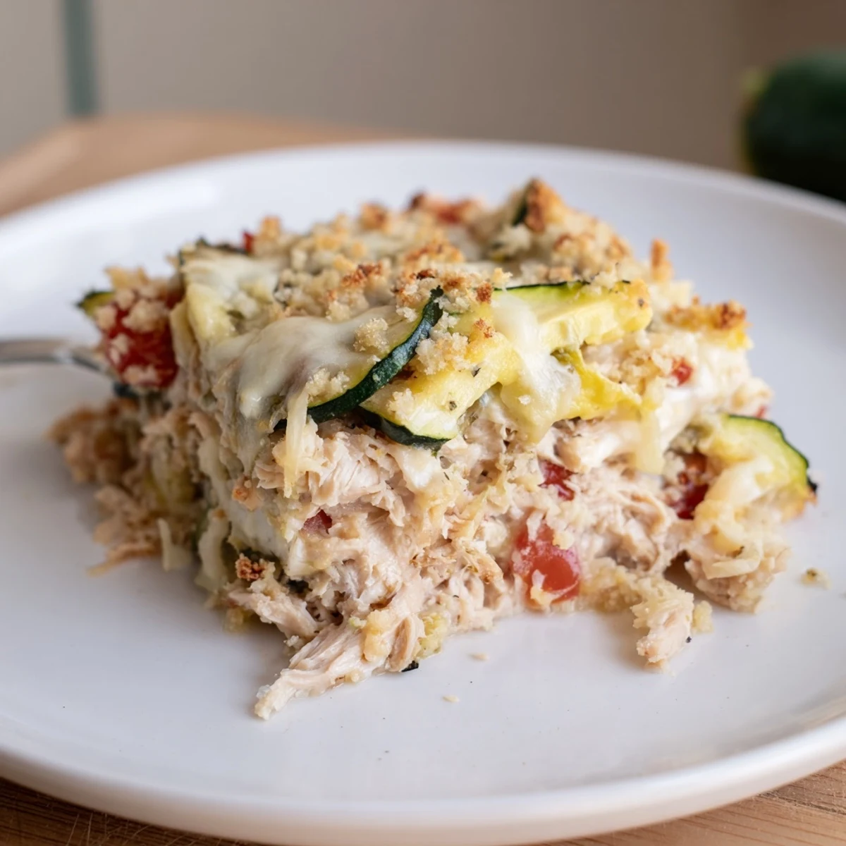 Hearty Family Friendly Chicken Zucchini Bake with crispy breadcrumb top, creamy interior