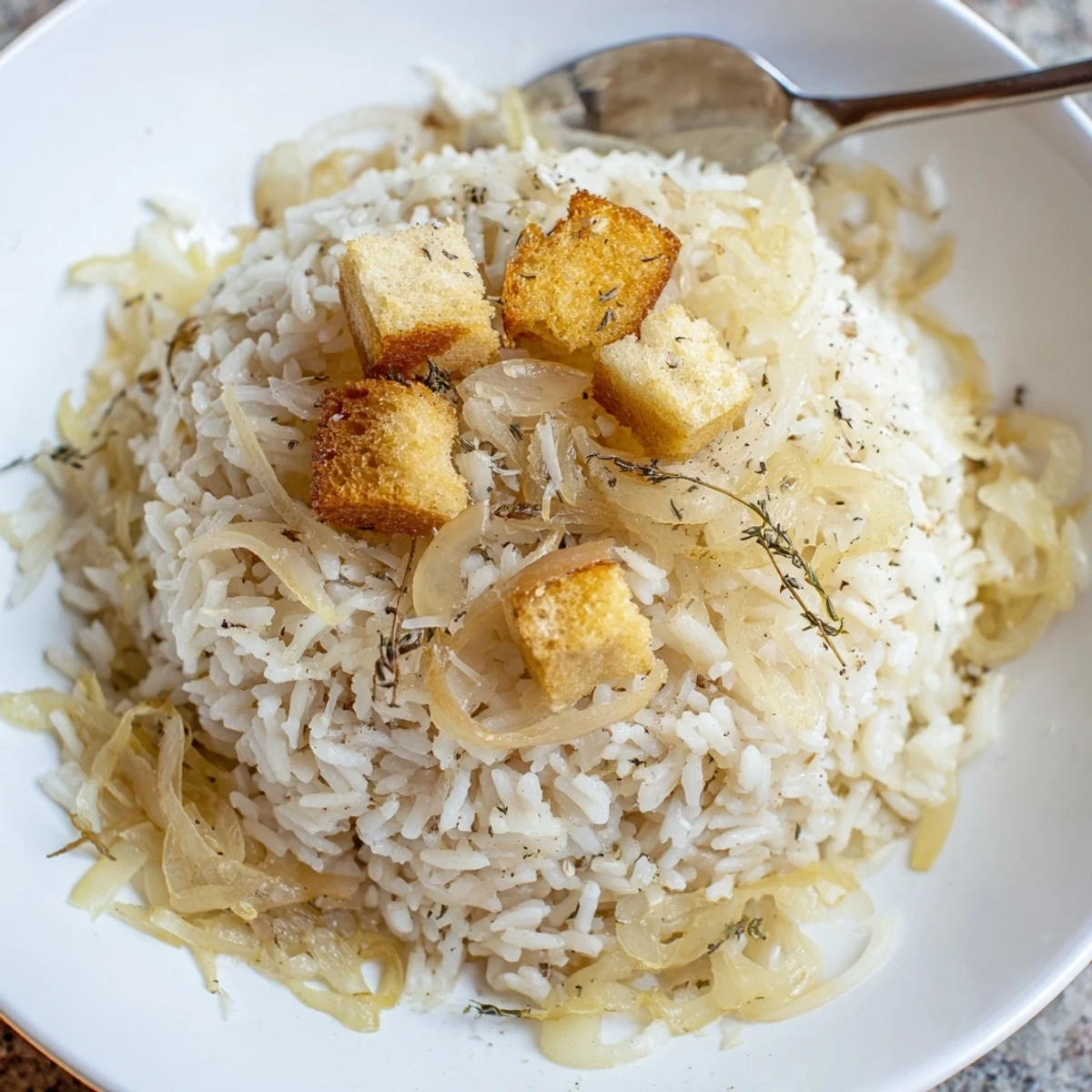 Bubbling French Onion Soup Rice with caramelized onions, melted Gruyère, golden croutons
