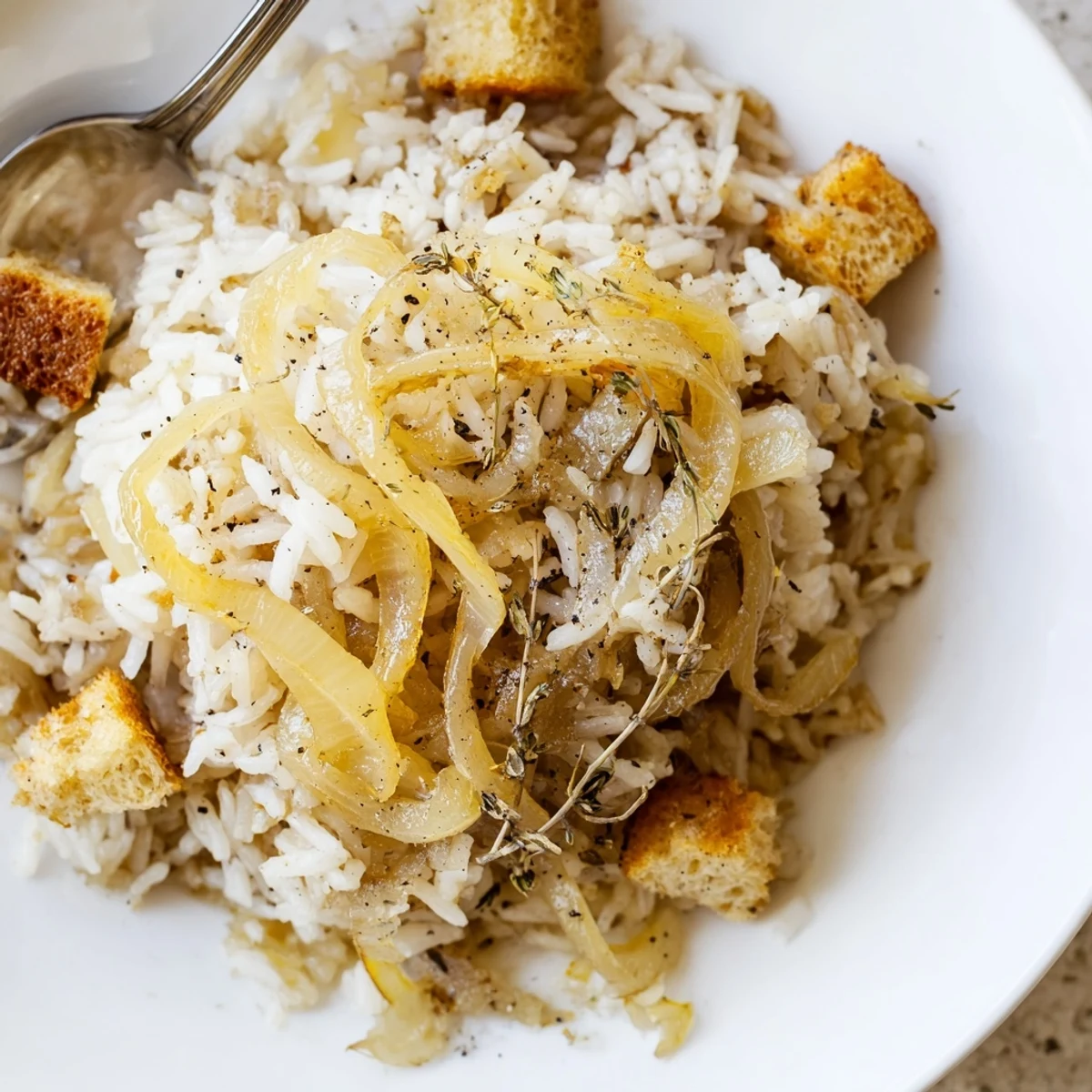Served steaming with crusty bread and thyme, this is French Onion Soup Rice