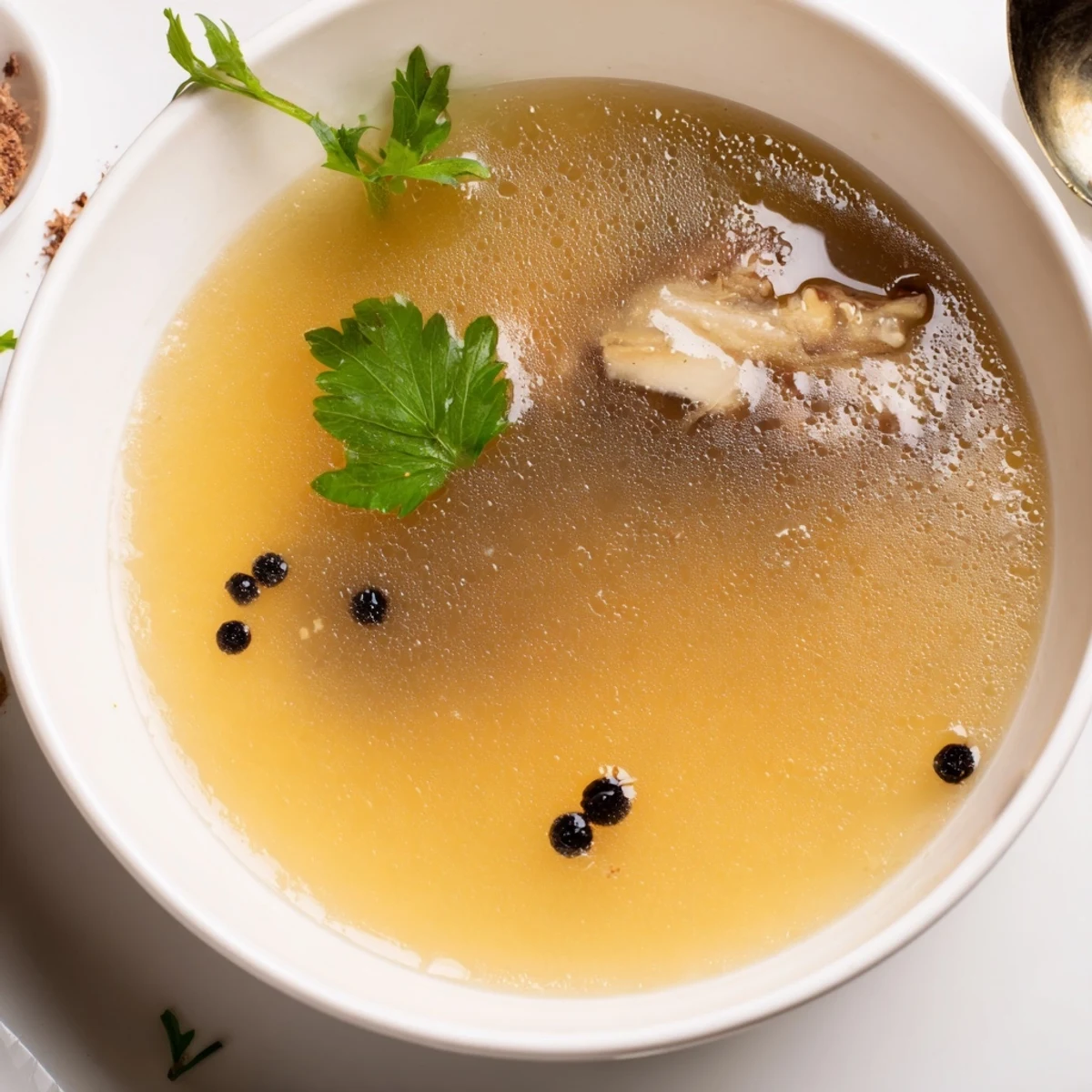 Roasted Beef Bone Broth in stockpot, rich amber color and marrow sheen