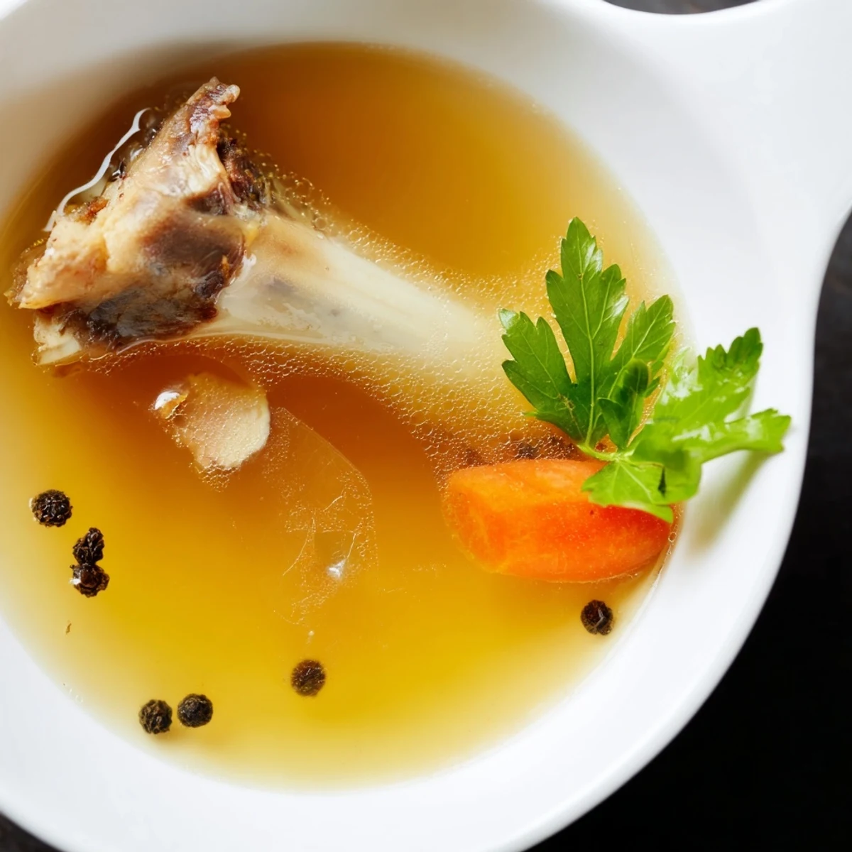 Clear Beef Bone Broth ladled into bowl, savory aroma, carrots and parsley