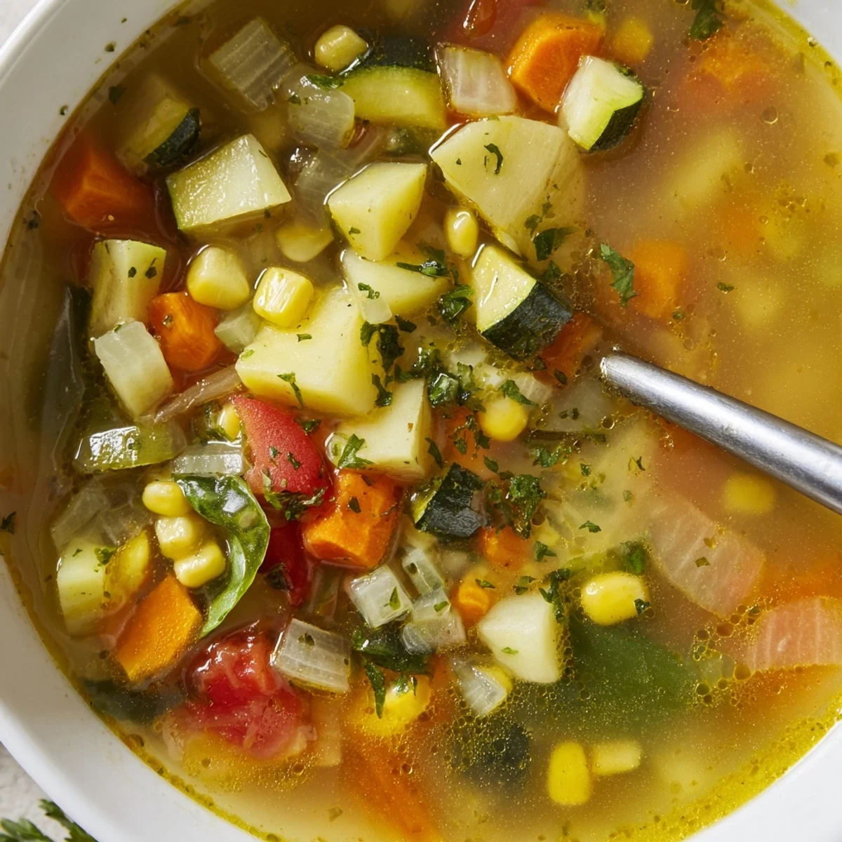 Bowl of homemade Vegetable Soup simmering in a rustic pot, ready to serve