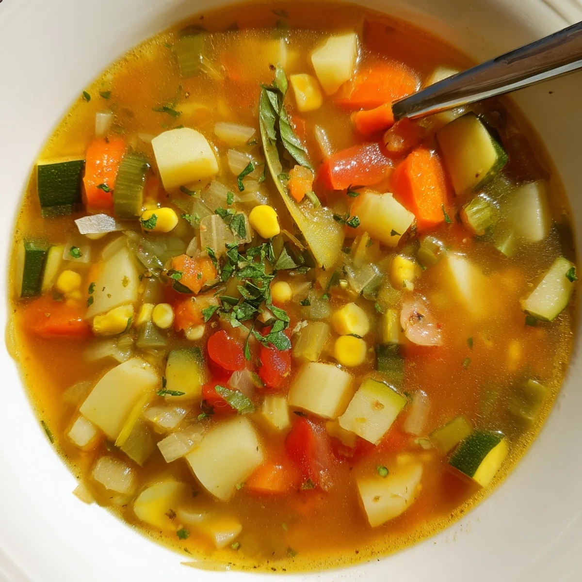 Steaming Vegetable Soup brimming with colorful vegetables and fragrant herb garnish