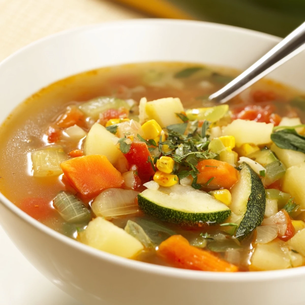 Hearty Vegetable Soup ladled into bowl with crusty bread and fresh parsley