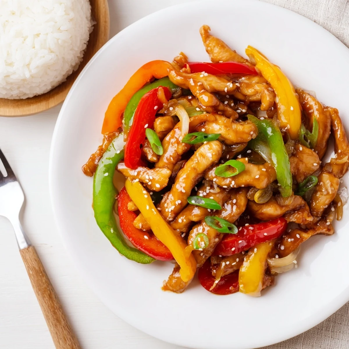 Quick Pepper Chicken Stir Fry glistening with sesame sauce over steamed jasmine rice